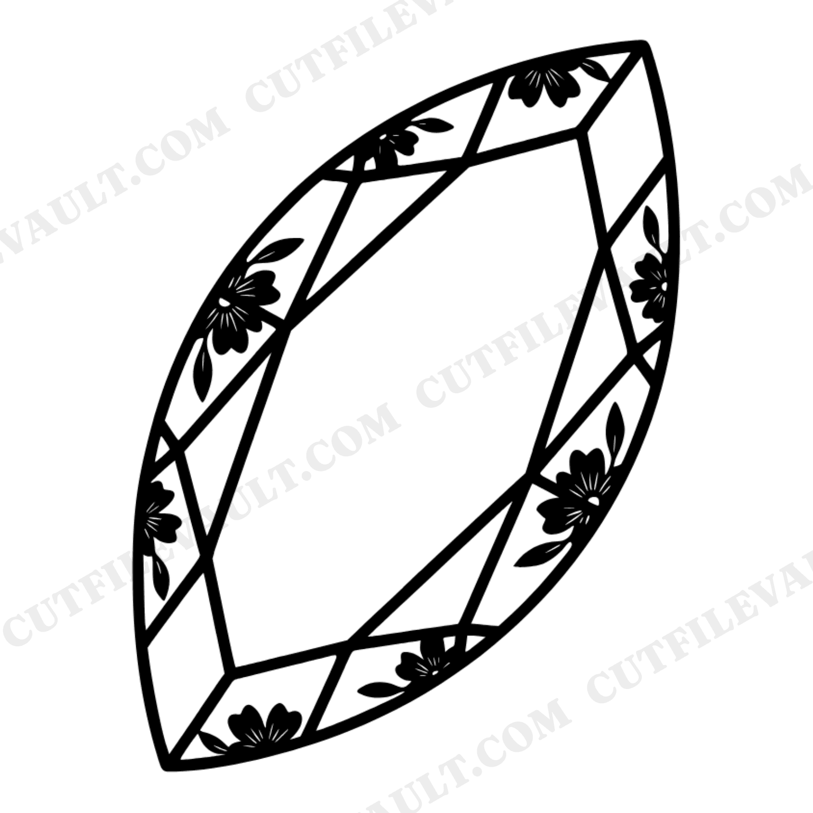 Diagonal Marquise Gemstone SVG with Floral Facets, Cottagecore Botanical Cut File PNG, view 1