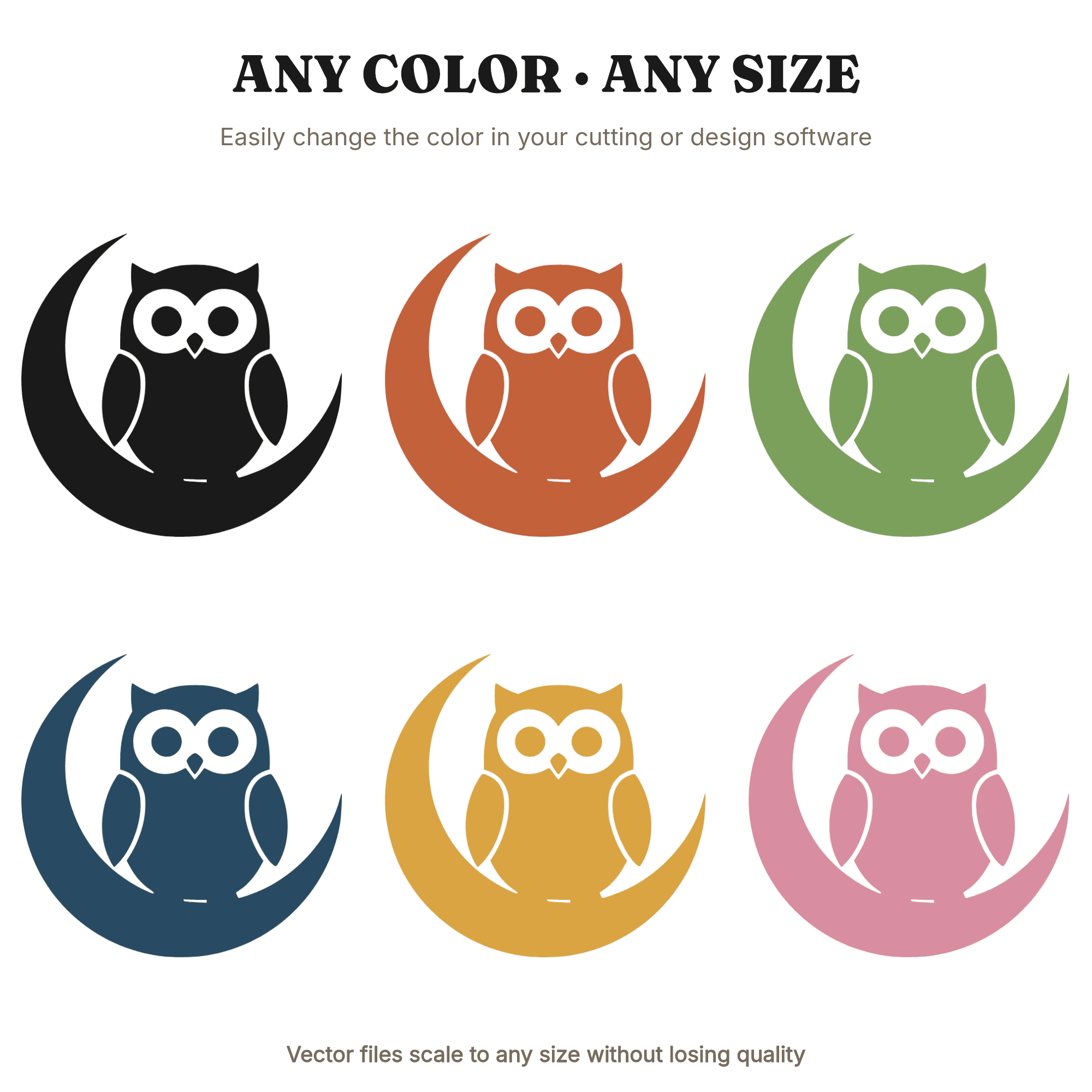 Kawaii Owl on Crescent Moon SVG PNG, Halloween Owl Silhouette Cut File, Mid Century Minimal Design, view 2