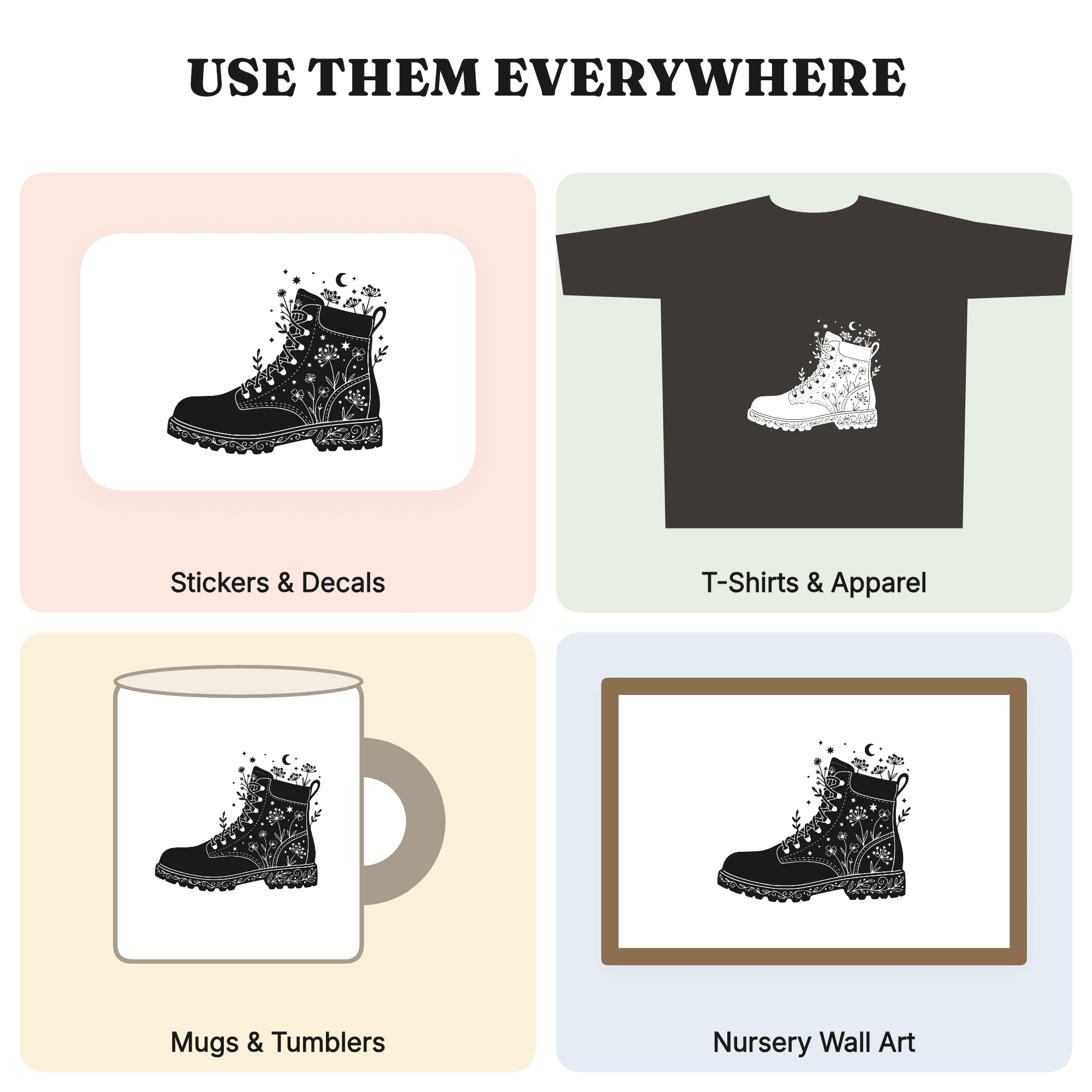 Celestial Hiking Boot SVG PNG with Spring Wildflowers Easter Mystical Woodland Cut File, view 3