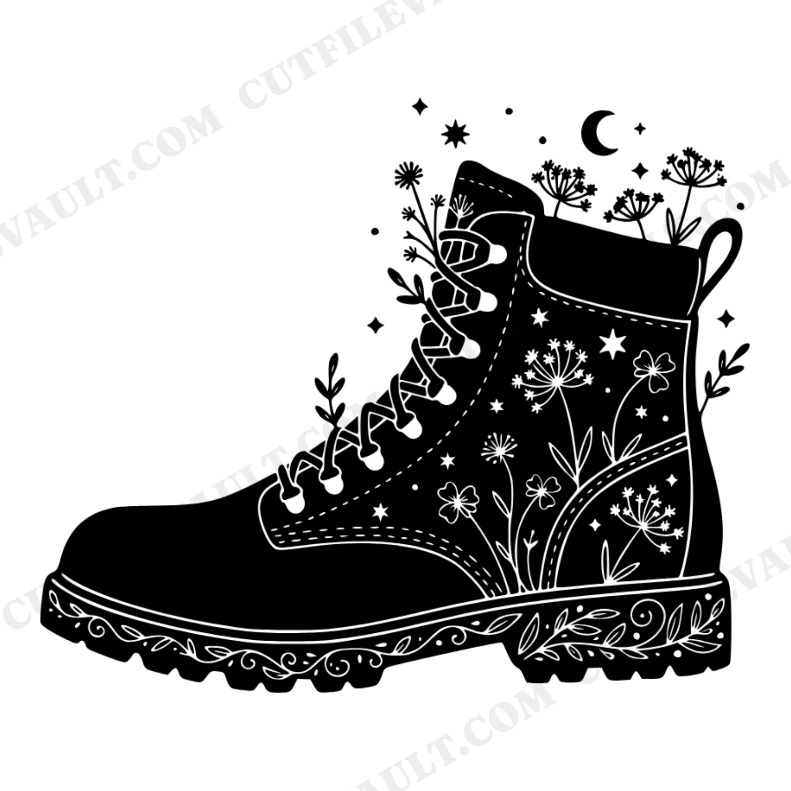 Celestial Hiking Boot SVG PNG with Spring Wildflowers Easter Mystical Woodland Cut File, view 1
