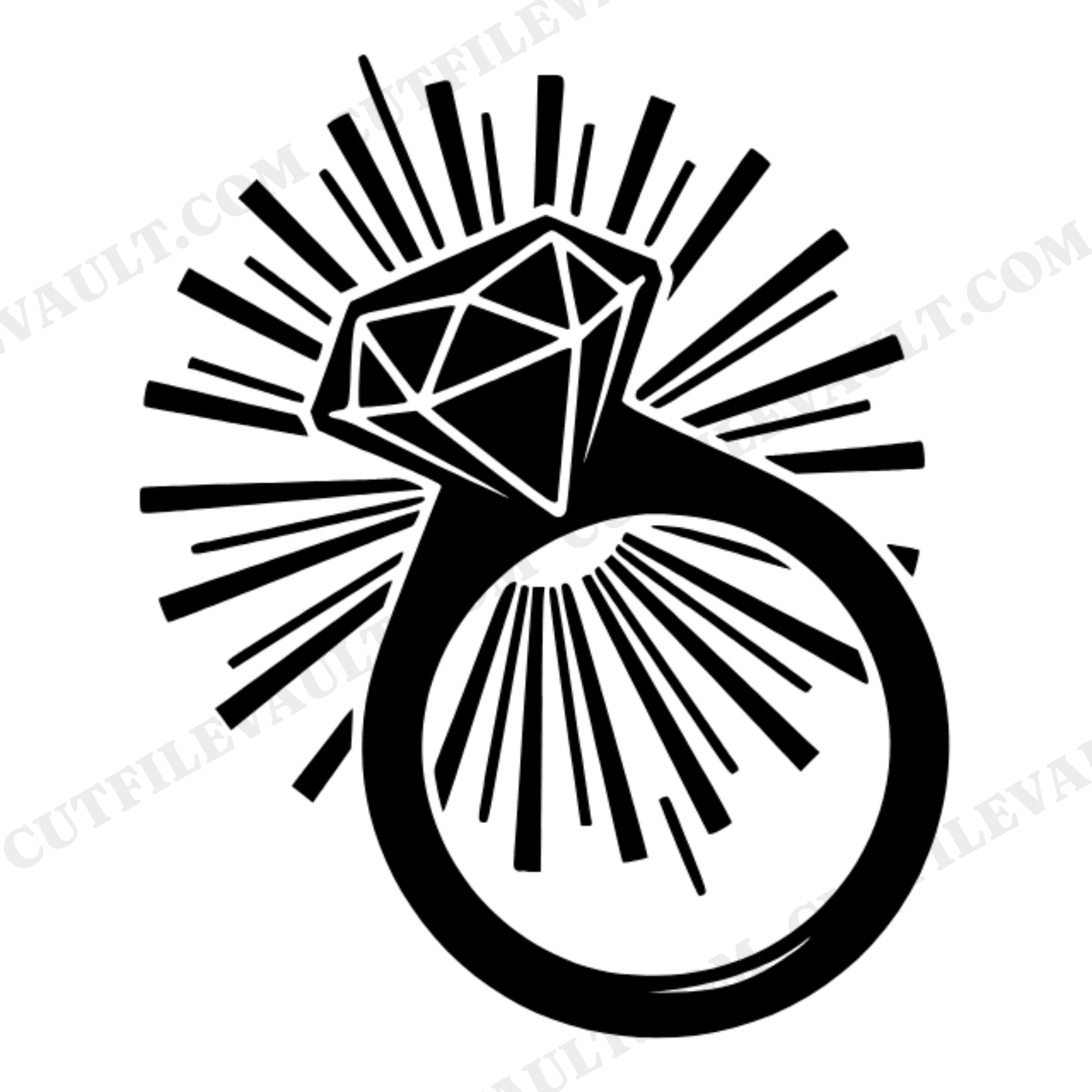 Art Deco Diamond Ring SVG PNG, Engagement Ring Sunburst Silhouette Cut File for Wedding, view 1