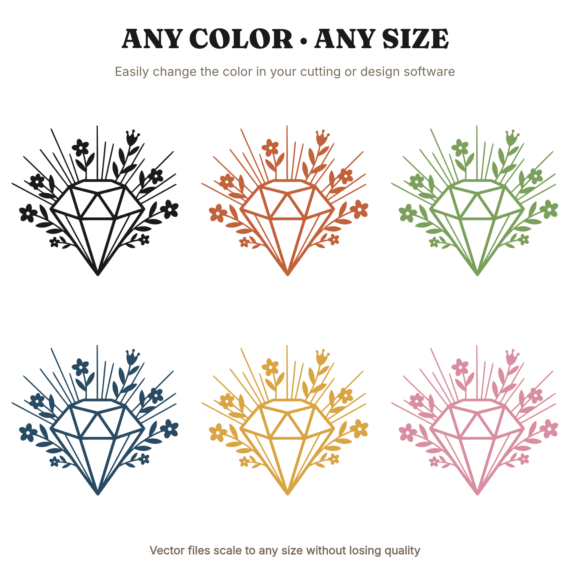 Art Deco Diamond Floral SVG PNG, Cottagecore Valentine Crystal Cut File with Wildflowers, view 2