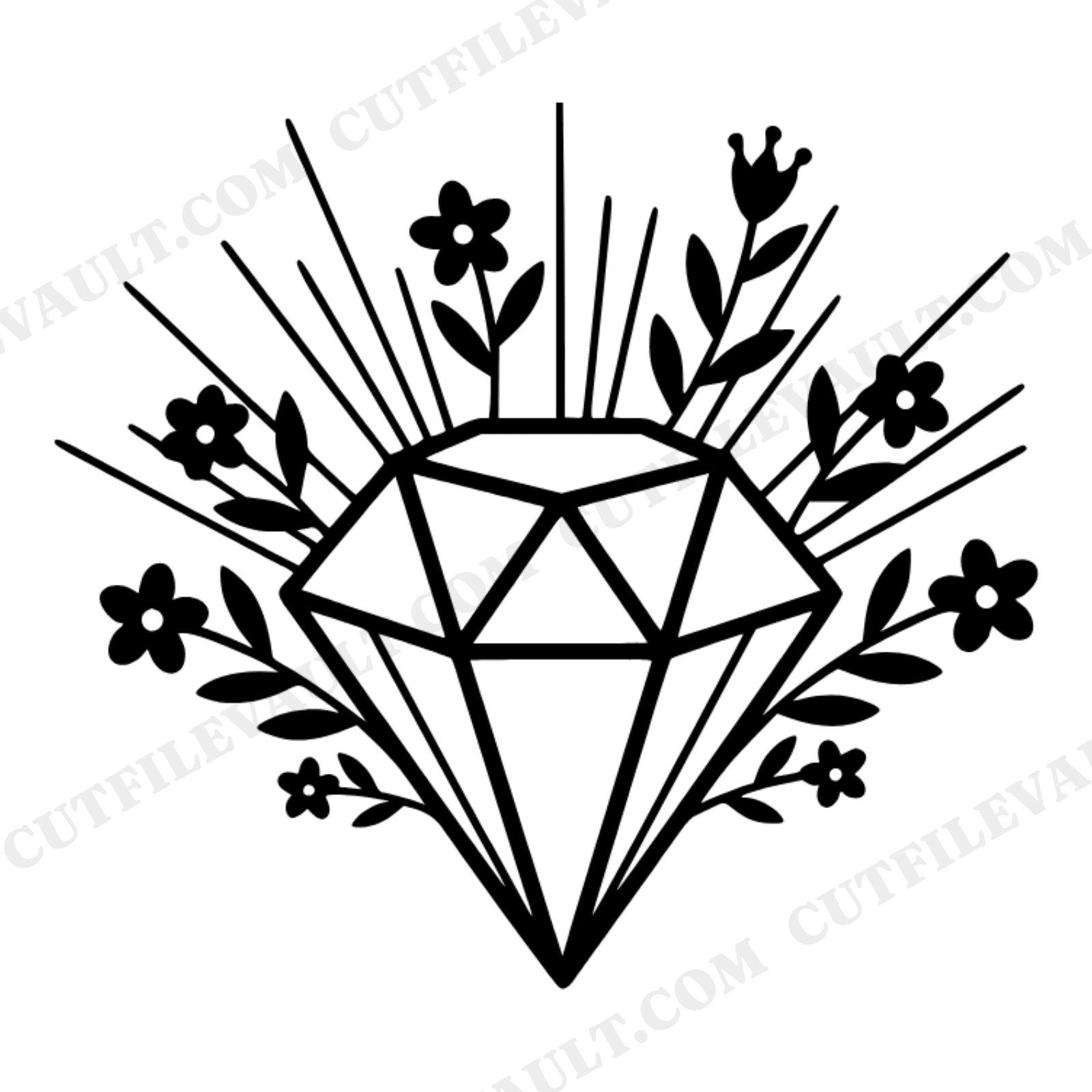Art Deco Diamond Floral SVG PNG, Cottagecore Valentine Crystal Cut File with Wildflowers, view 1