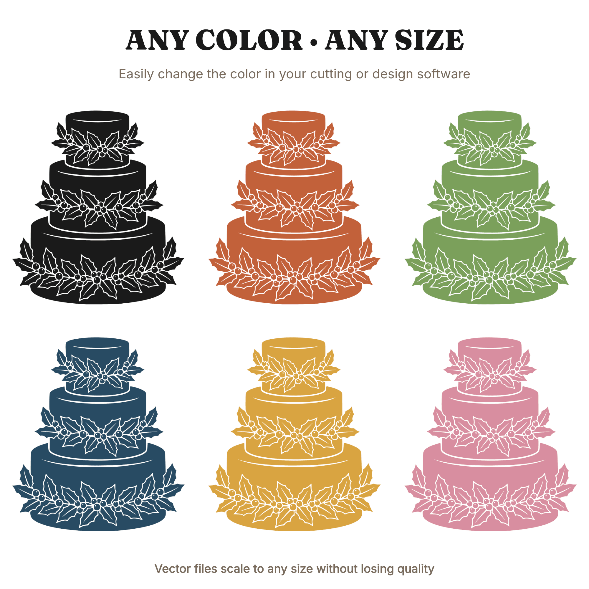 Christmas Wedding Cake Topper SVG PNG, Holly Garland Three Tier Cake Silhouette Cut File, view 2