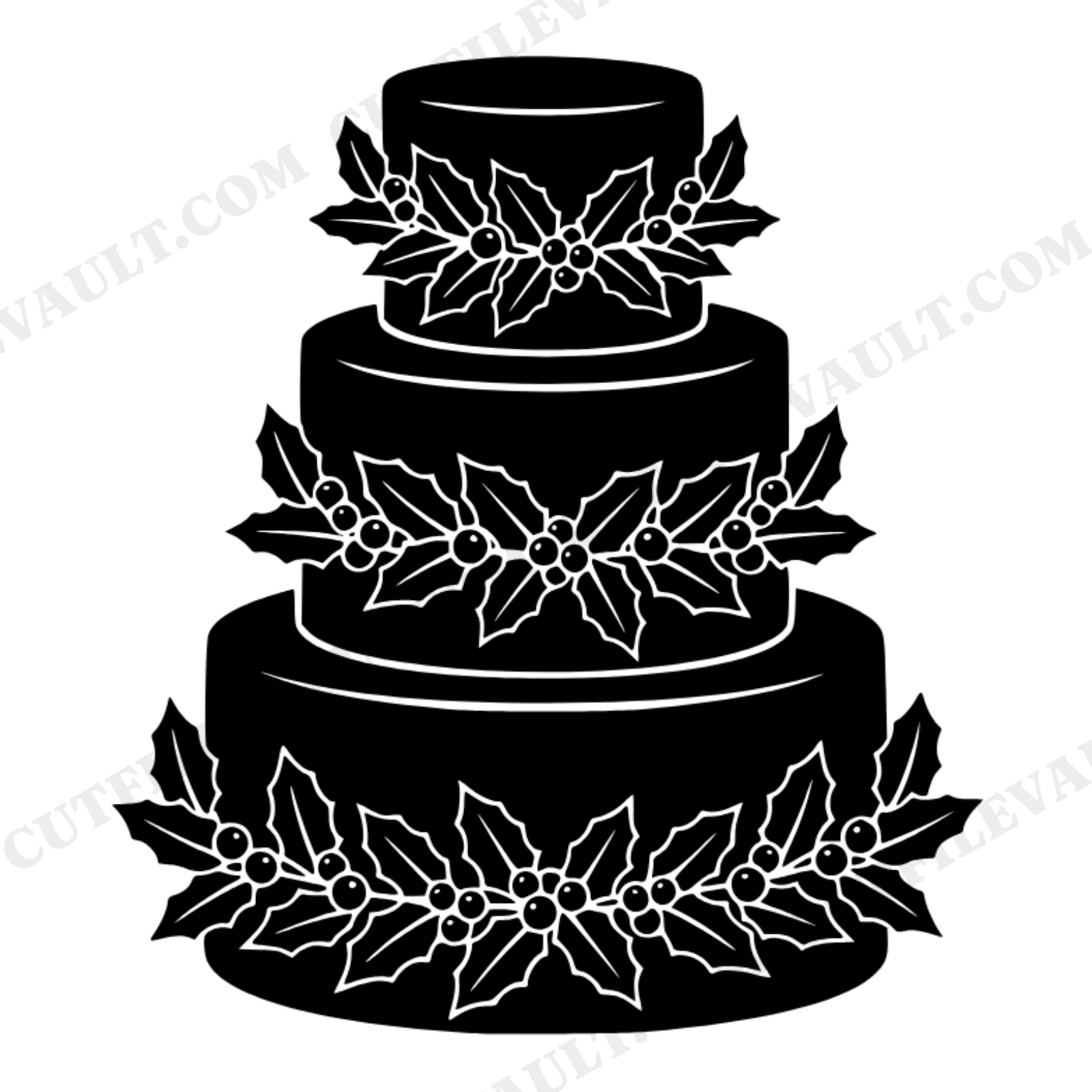 Christmas Wedding Cake Topper SVG PNG, Holly Garland Three Tier Cake Silhouette Cut File, view 1