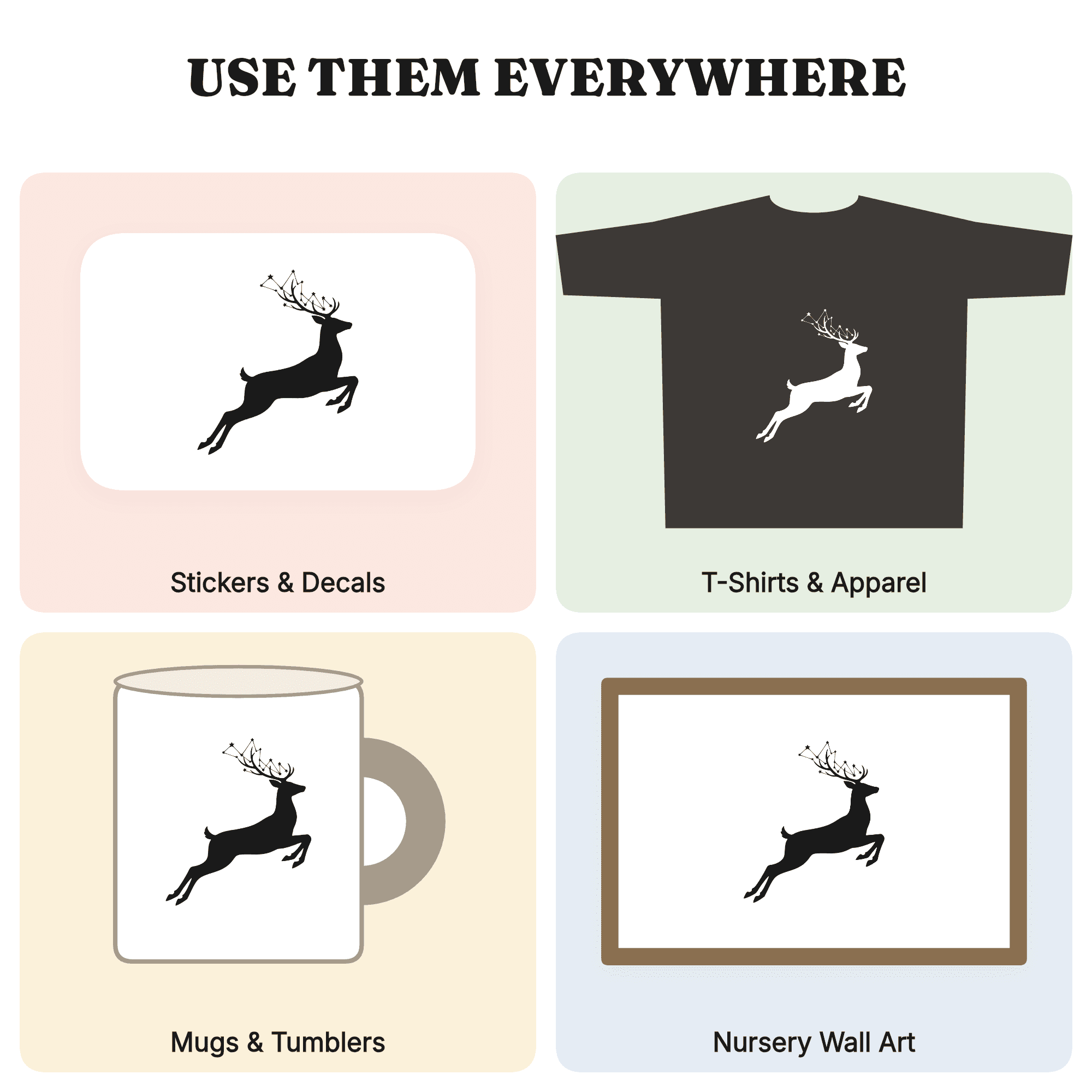 Winter Solstice Leaping Deer SVG PNG, Constellation Antlers Cut File, Celestial Woodland Design, view 3