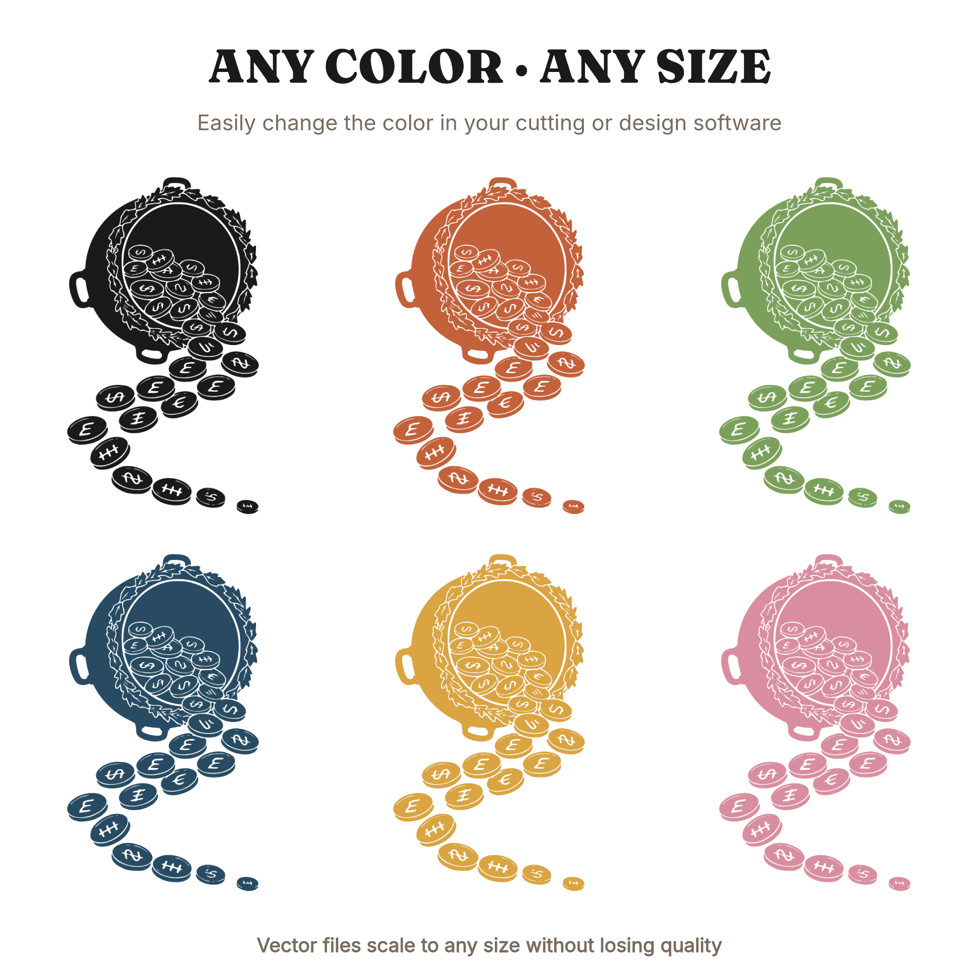 Tipped Cauldron with Gold Coins SVG PNG, St Patrick's Day Pot of Gold Cut File for Nursery Decor, view 2