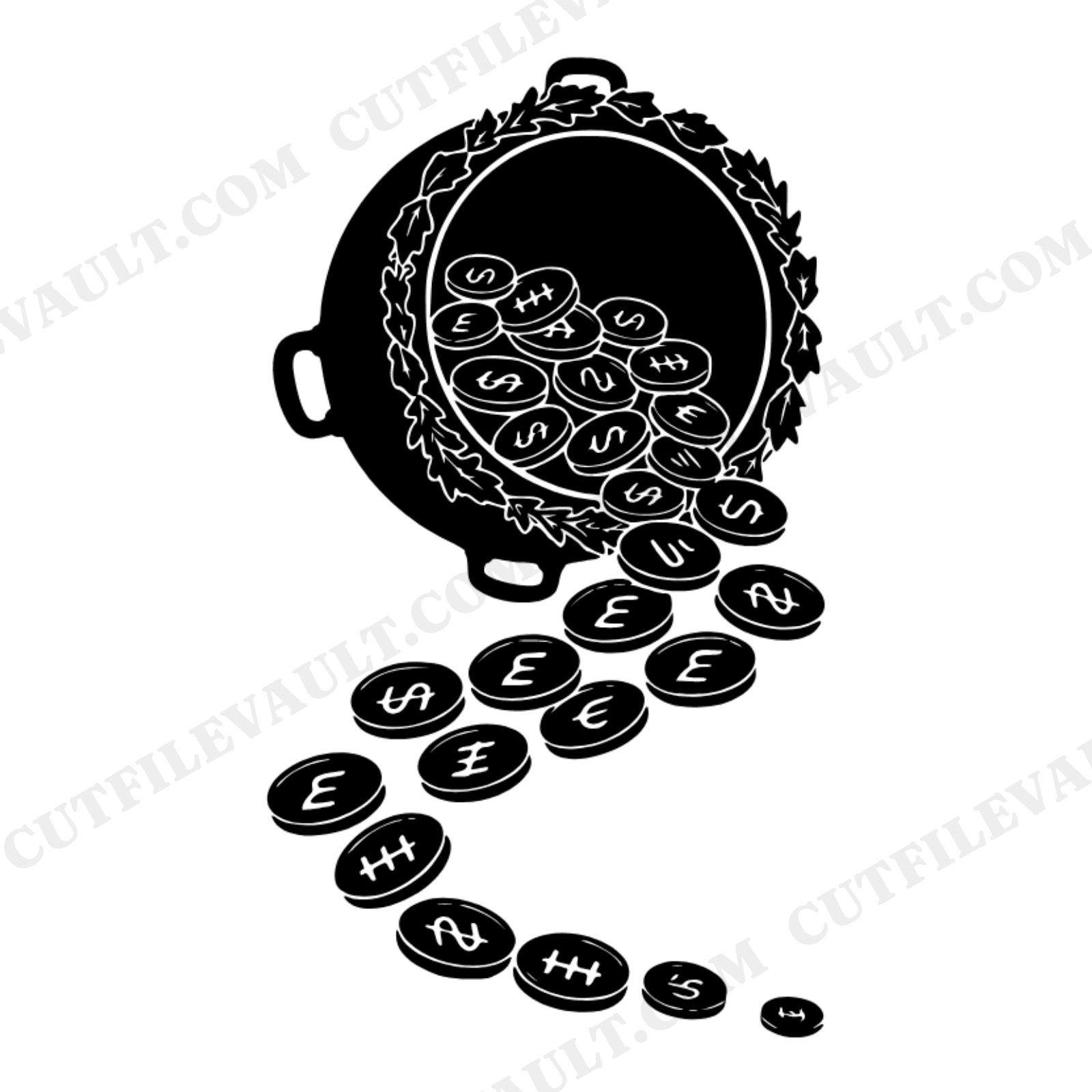 Tipped Cauldron with Gold Coins SVG PNG, St Patrick's Day Pot of Gold Cut File for Nursery Decor, view 1