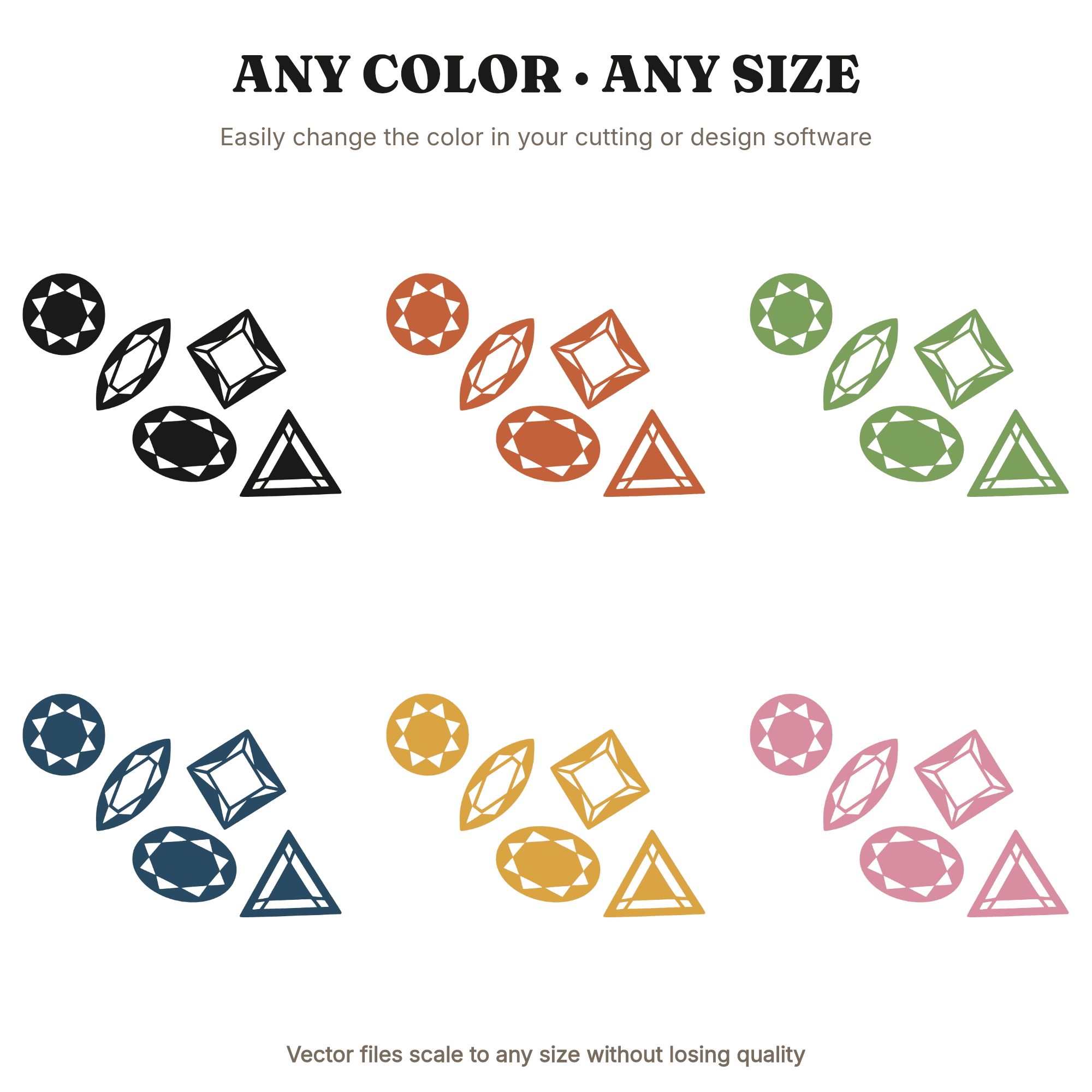 Gemstone SVG Bundle PNG, Five Gem Cuts Boho Diagonal Scatter Design, Jewelry Crystal Cut File, view 2