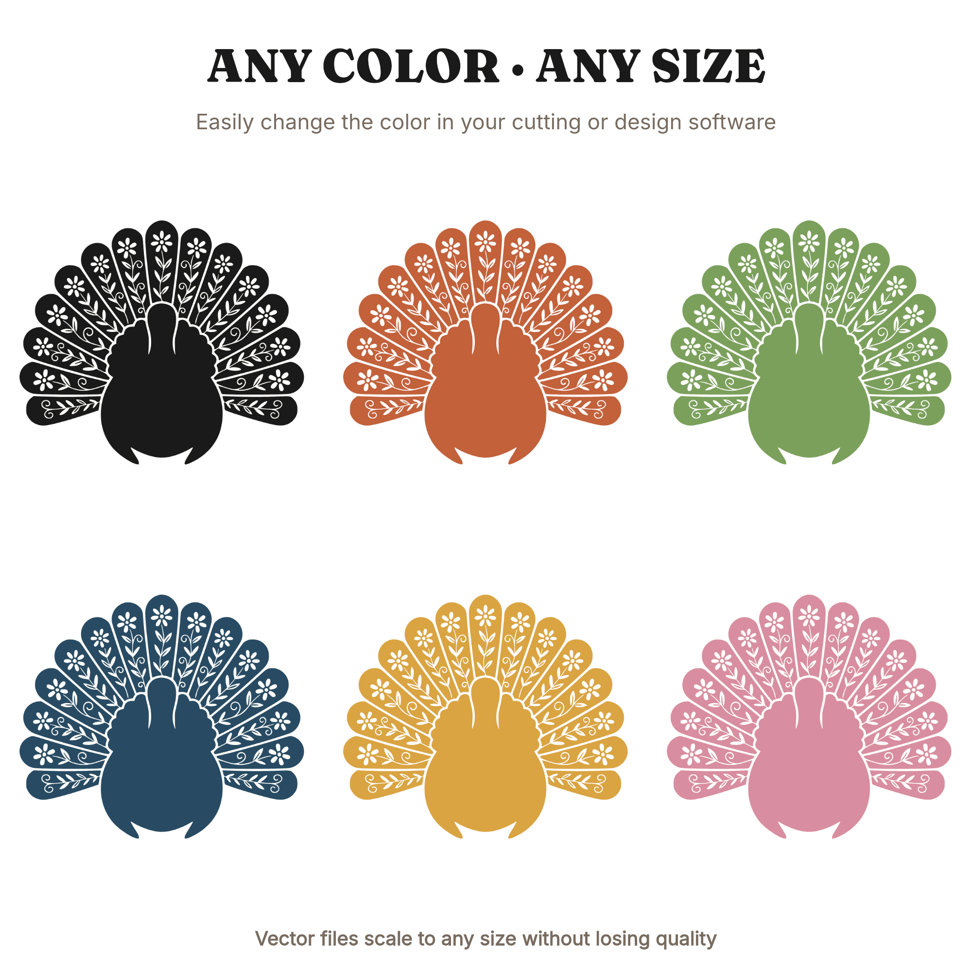 Whimsical Turkey Silhouette SVG PNG, Farmhouse Thanksgiving Turkey Tail Feathers Cut File, view 2