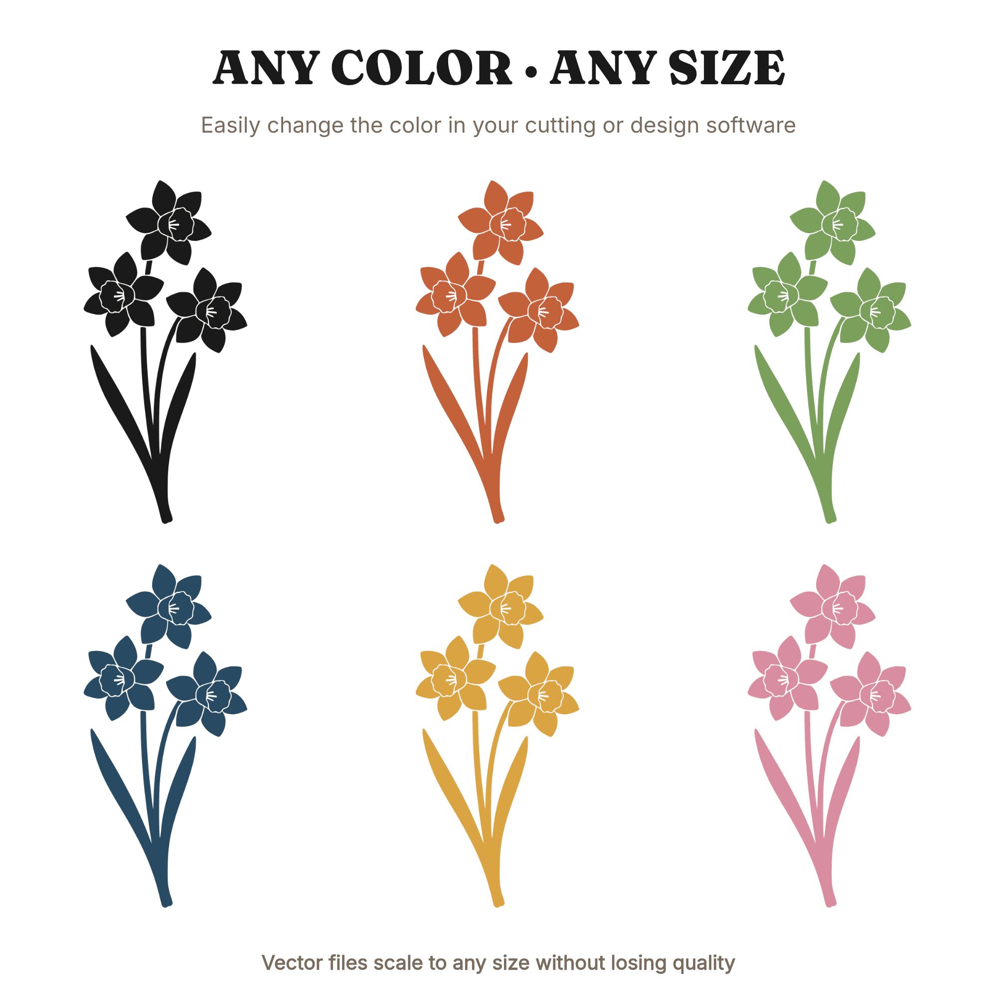 Three Daffodil Stems SVG PNG Spring Floral Cut File Cottagecore Botanical Bundle Leaning Left, view 2