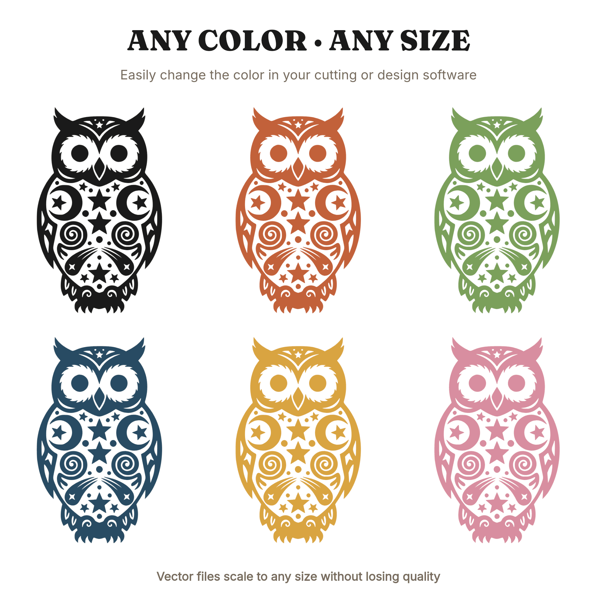 Celestial Owl SVG PNG New Year Papercut Silhouette with Stars and Moons Folk Art Cut File, view 2