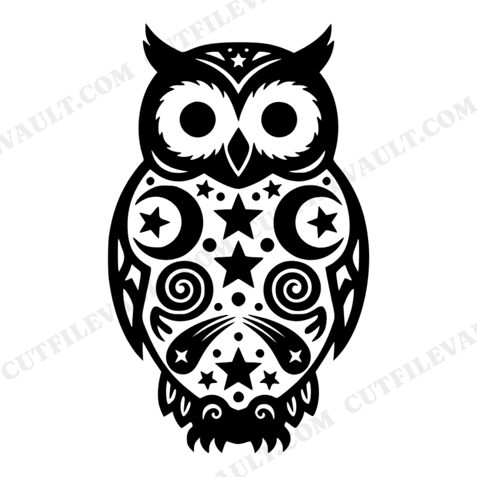 Celestial Owl SVG PNG New Year Papercut Silhouette with Stars and Moons Folk Art Cut File, view 1