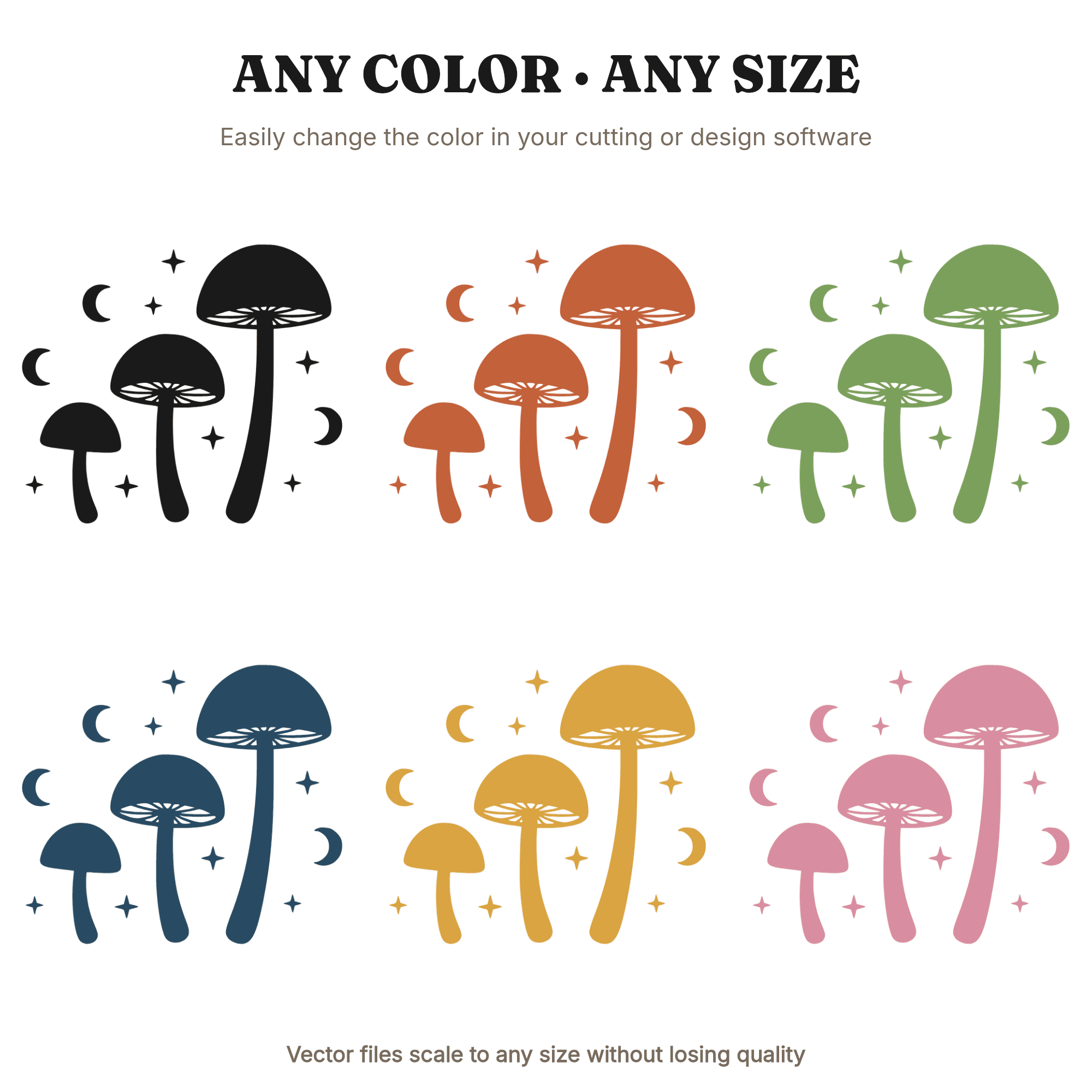 Celestial Mushroom Trio SVG PNG, Scandinavian Minimalist Forest Botanical Cut File for Halloween, view 2