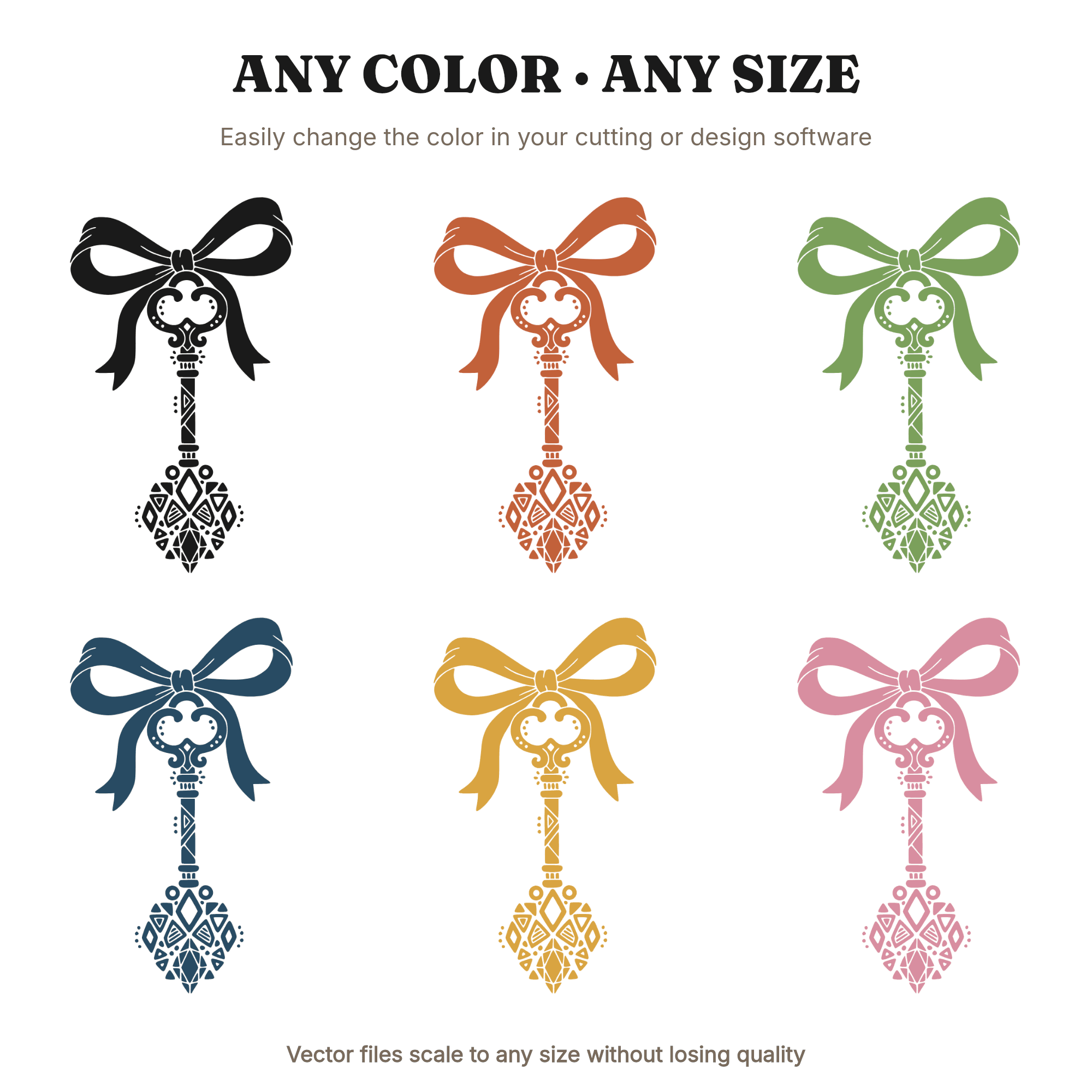 Ornate Skeleton Key SVG PNG with Ribbon Bow and Gemstone Teeth, Scandinavian Line Art Cut File, view 2