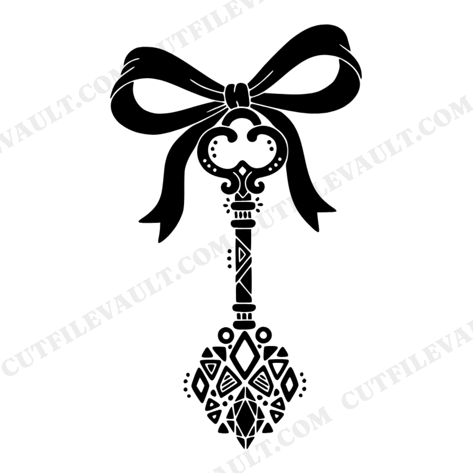Ornate Skeleton Key SVG PNG with Ribbon Bow and Gemstone Teeth, Scandinavian Line Art Cut File, view 1