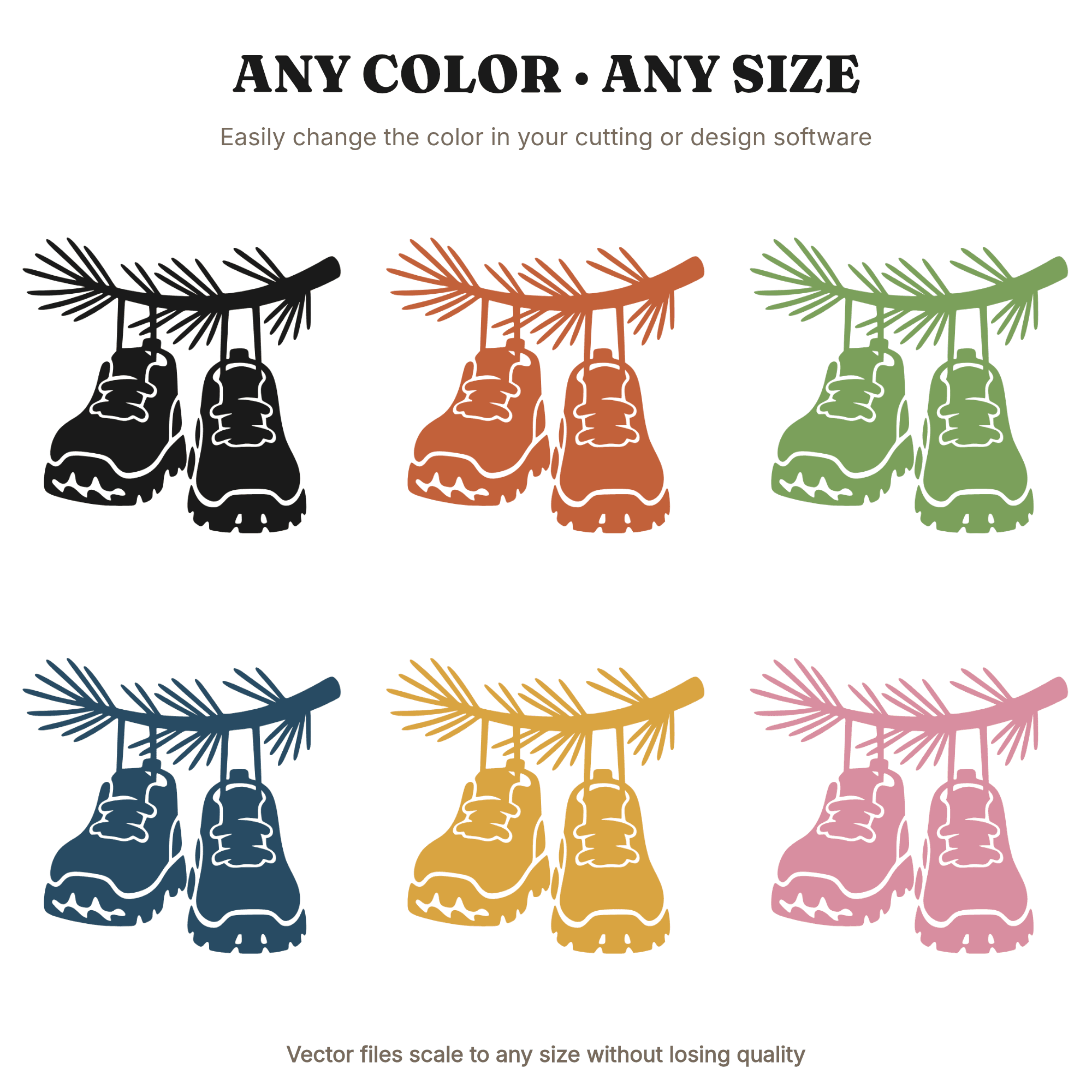 Kawaii Hiking Boots on Pine Branch SVG PNG, Outdoor Adventure Christmas Cut File for Cricut, view 2