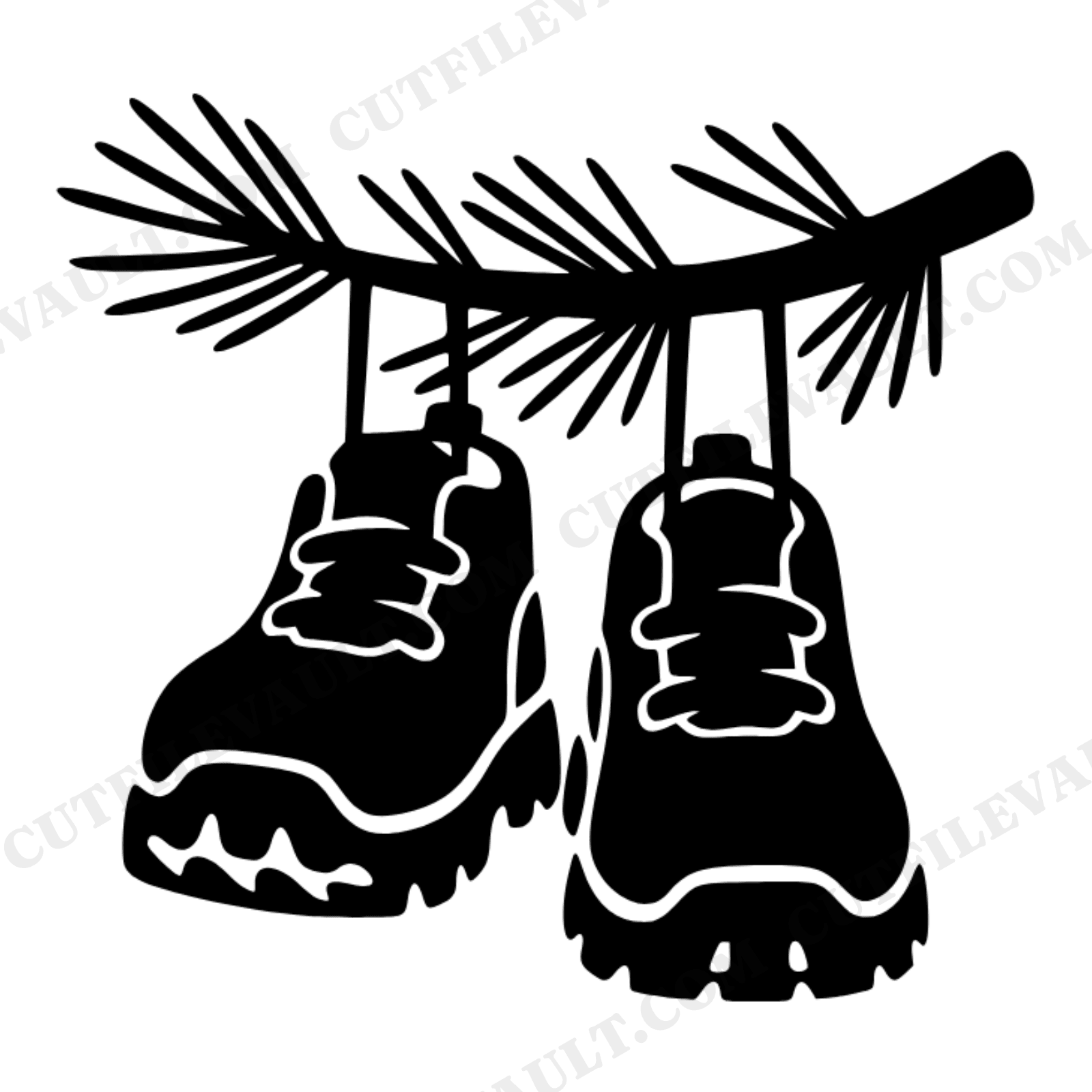 Kawaii Hiking Boots on Pine Branch SVG PNG, Outdoor Adventure Christmas Cut File for Cricut, view 1