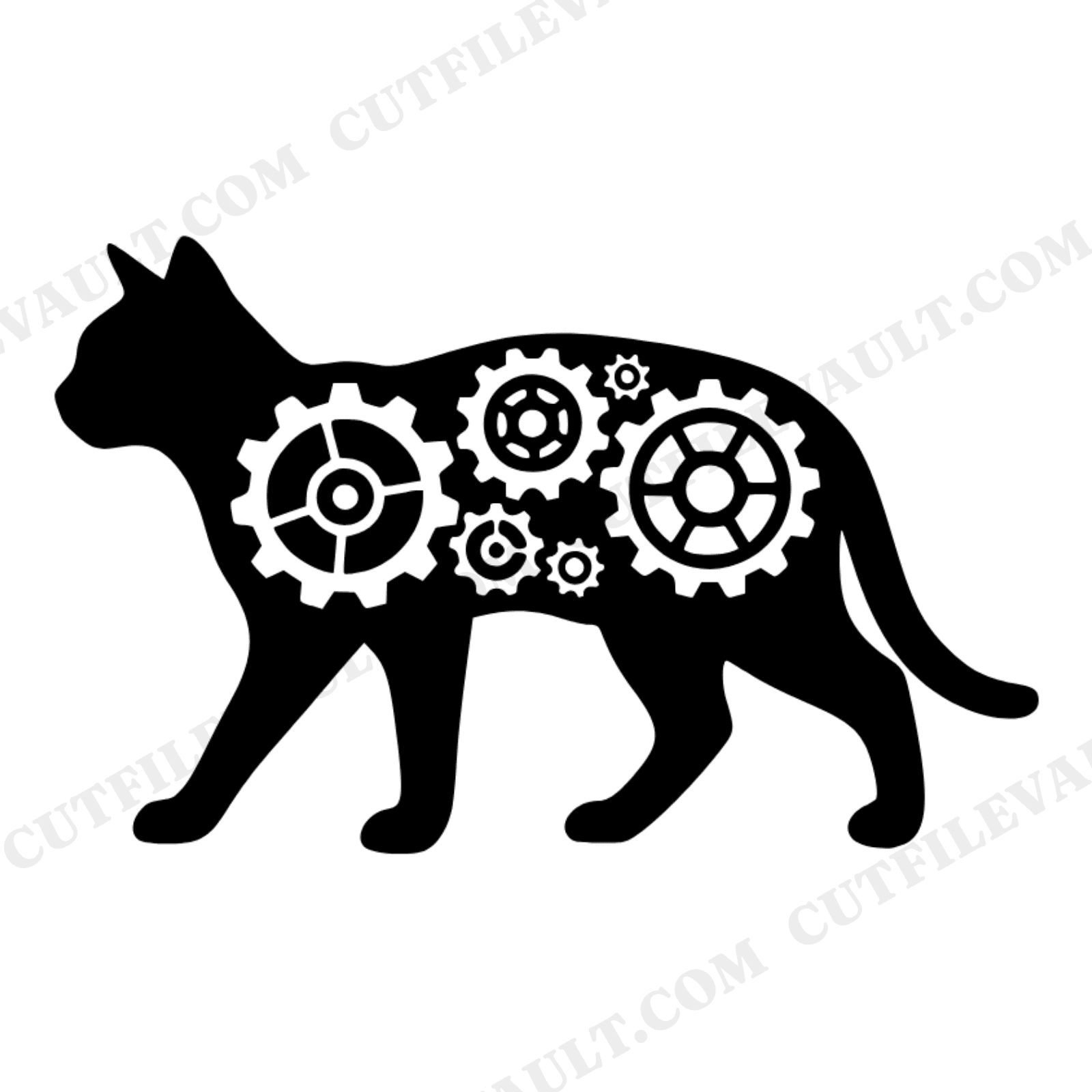Steampunk Cat SVG, Black Cat with Clockwork Heart PNG, Halloween Cut File, Mechanical Gears, view 1