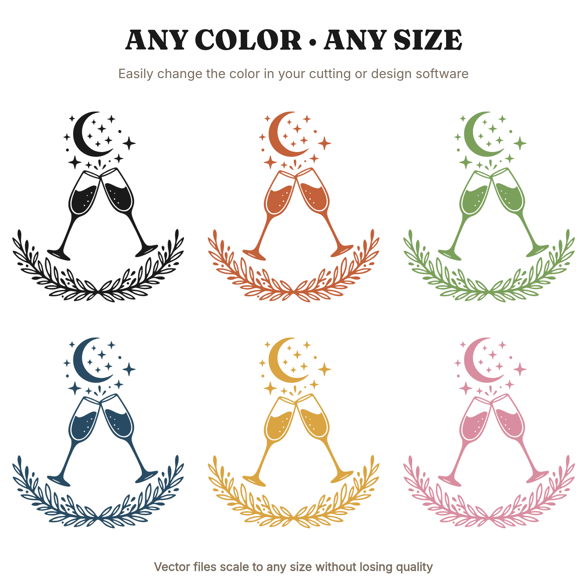 Celestial Champagne Toast SVG PNG, Crescent Moon Stars Evergreen Garland Wedding Cut File, view 2
