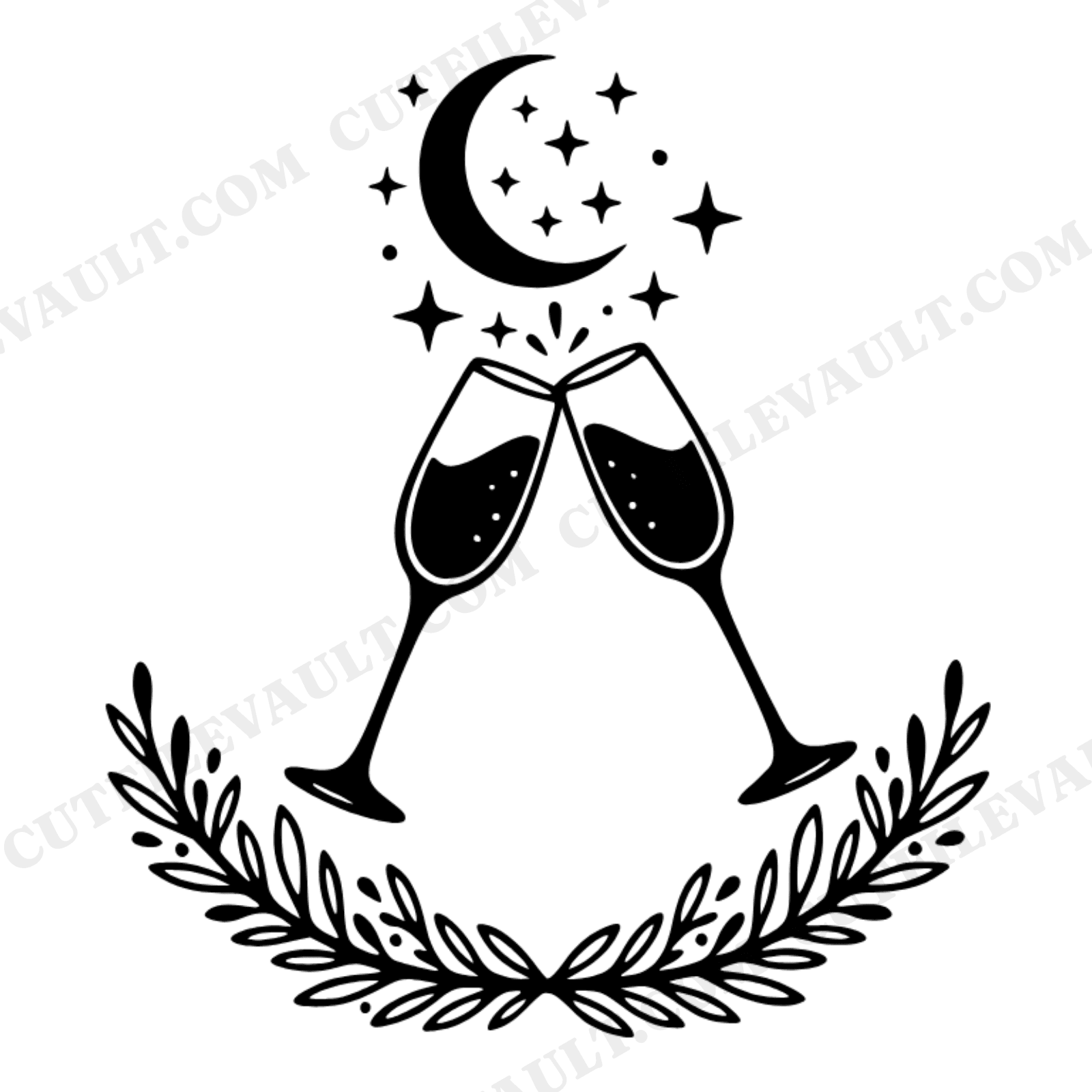 Celestial Champagne Toast SVG PNG, Crescent Moon Stars Evergreen Garland Wedding Cut File, view 1
