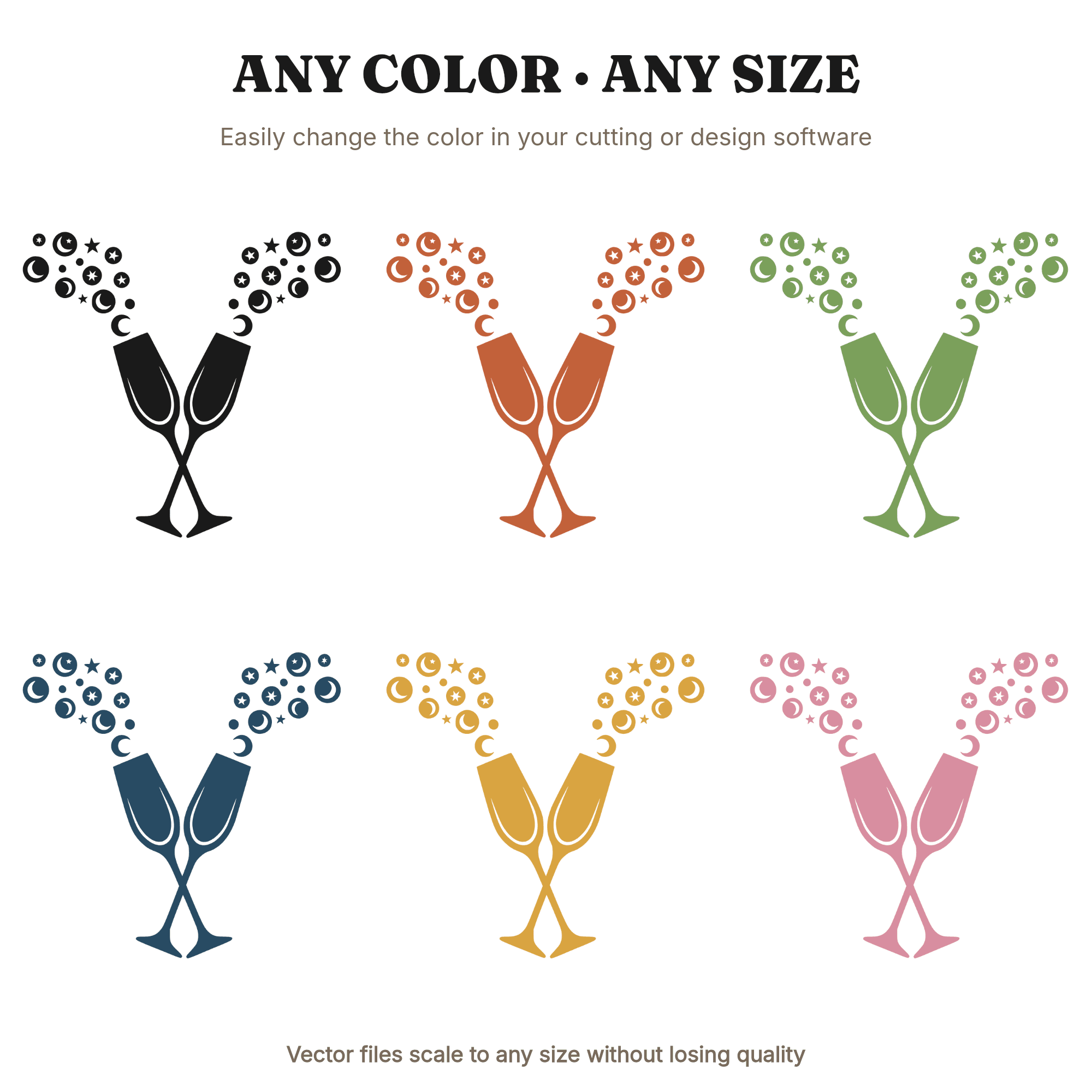 Celestial Champagne Toast SVG PNG, New Year's Champagne Flutes Cut File, Mystical Stars Kitchen, view 2