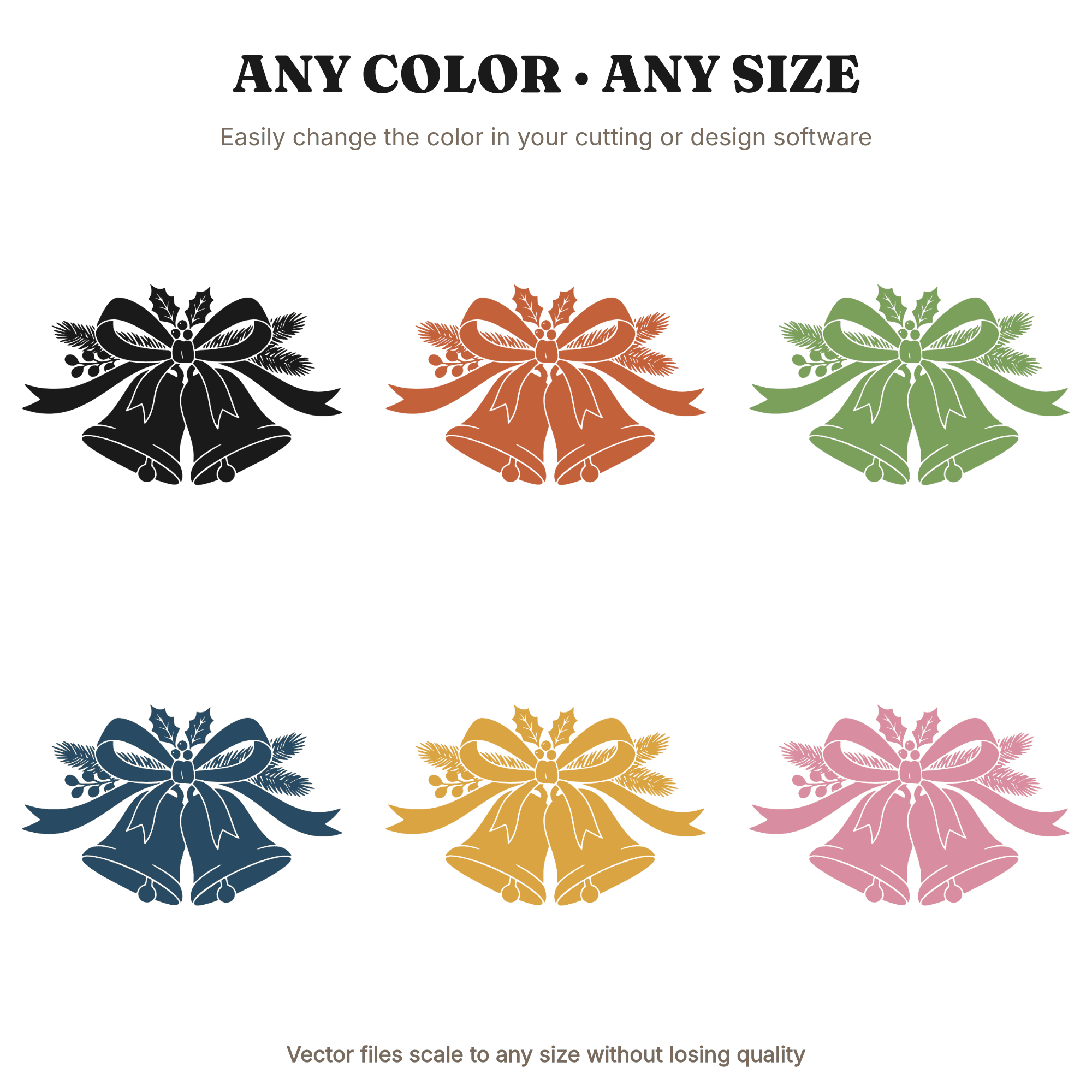 Christmas Wedding Bells SVG PNG, Boho Evergreen Ribbon Bow Cut File, Holiday Wedding Celebration, view 2