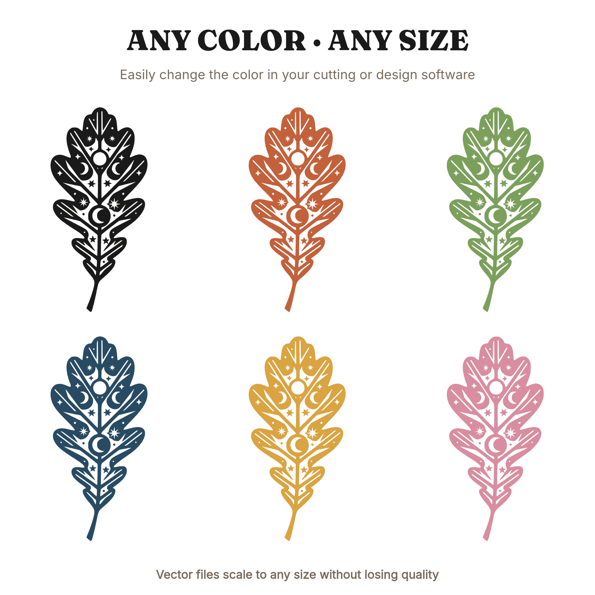Celestial Oak Leaf SVG PNG Art Deco Thanksgiving Fall Cut File Moon Phases Stars Silhouette, view 2