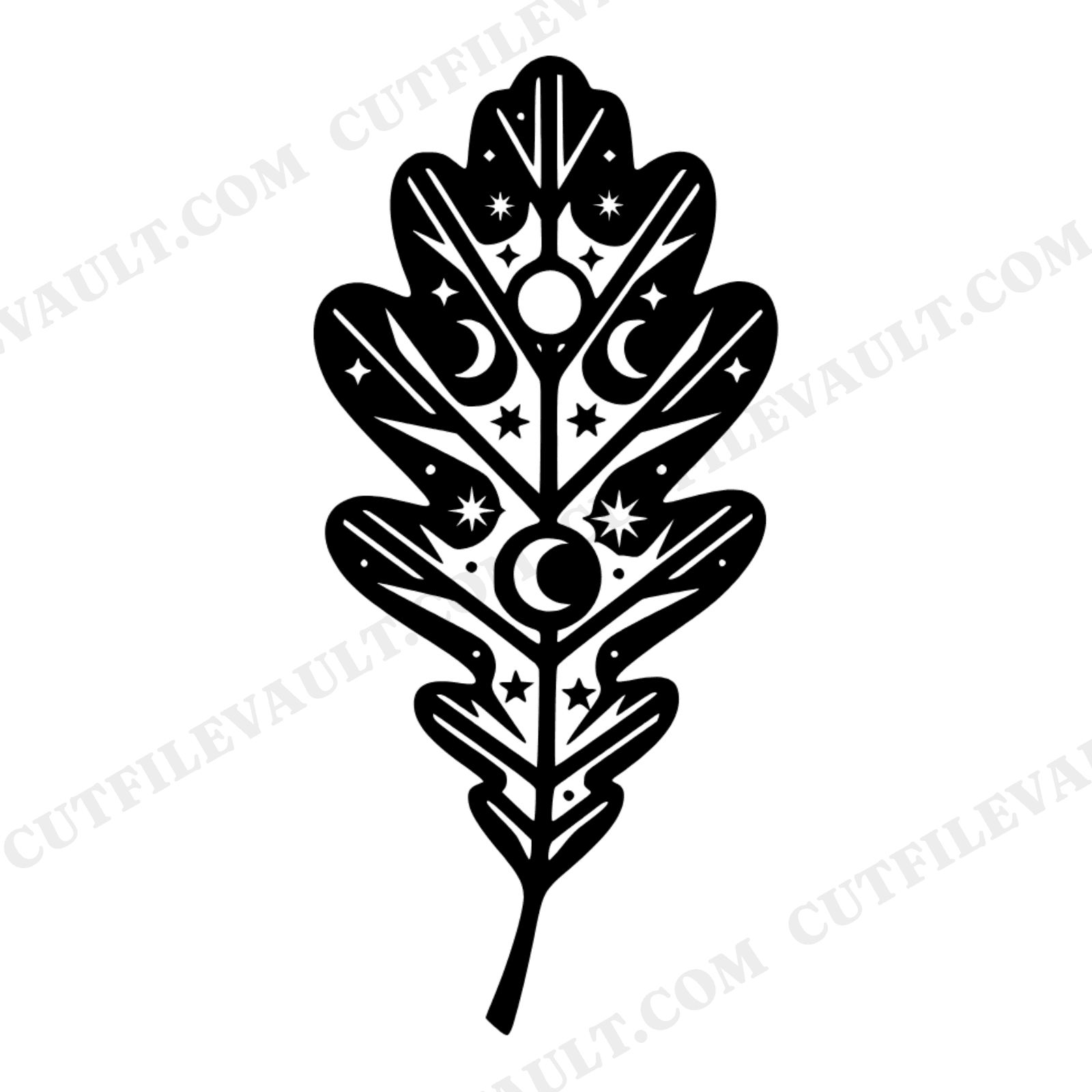 Celestial Oak Leaf SVG PNG Art Deco Thanksgiving Fall Cut File Moon Phases Stars Silhouette, view 1