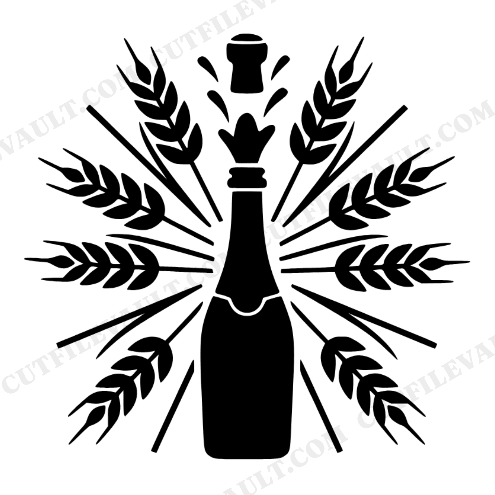 Art Deco Champagne Bottle SVG PNG, Wheat Harvest Sunburst Cut File, Thanksgiving Celebration, view 1