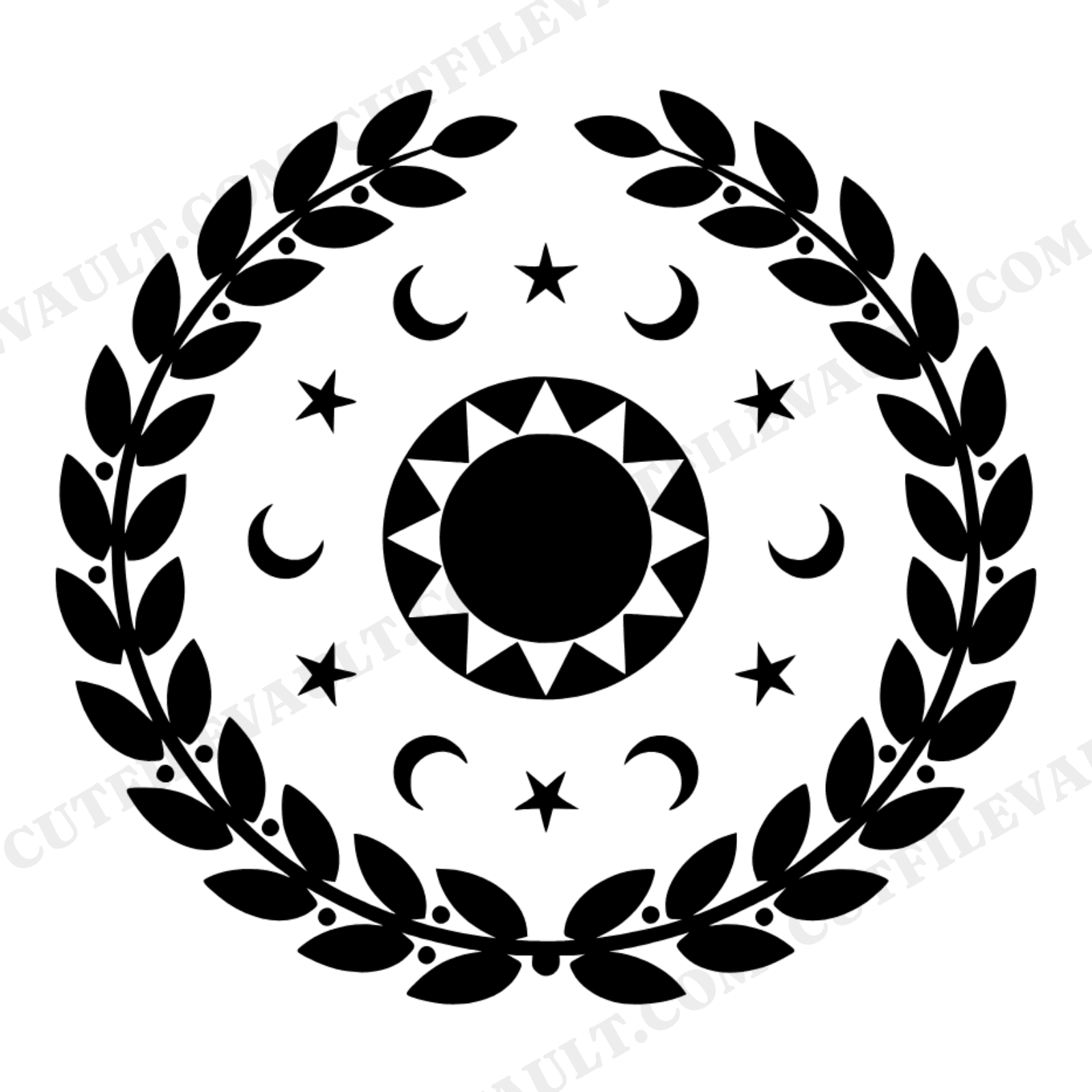Celestial Laurel Wreath SVG PNG, Moon Phases Stone Silhouette, Mystical Thanksgiving Decor Cut File, view 1
