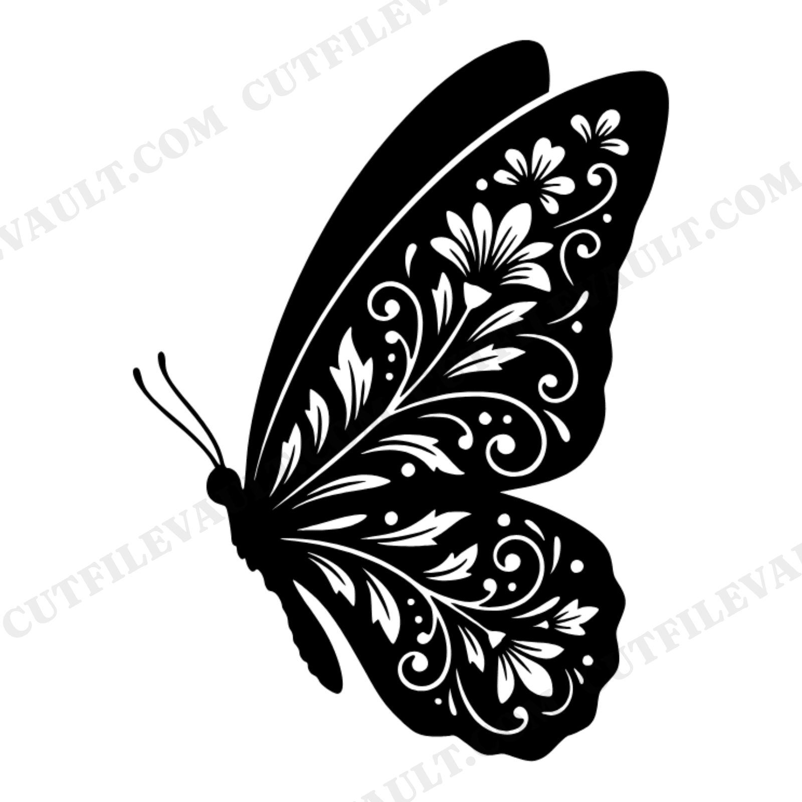 Resting Butterfly Silhouette SVG PNG, Vintage Botanical Mother's Day Decor Cut File, view 1
