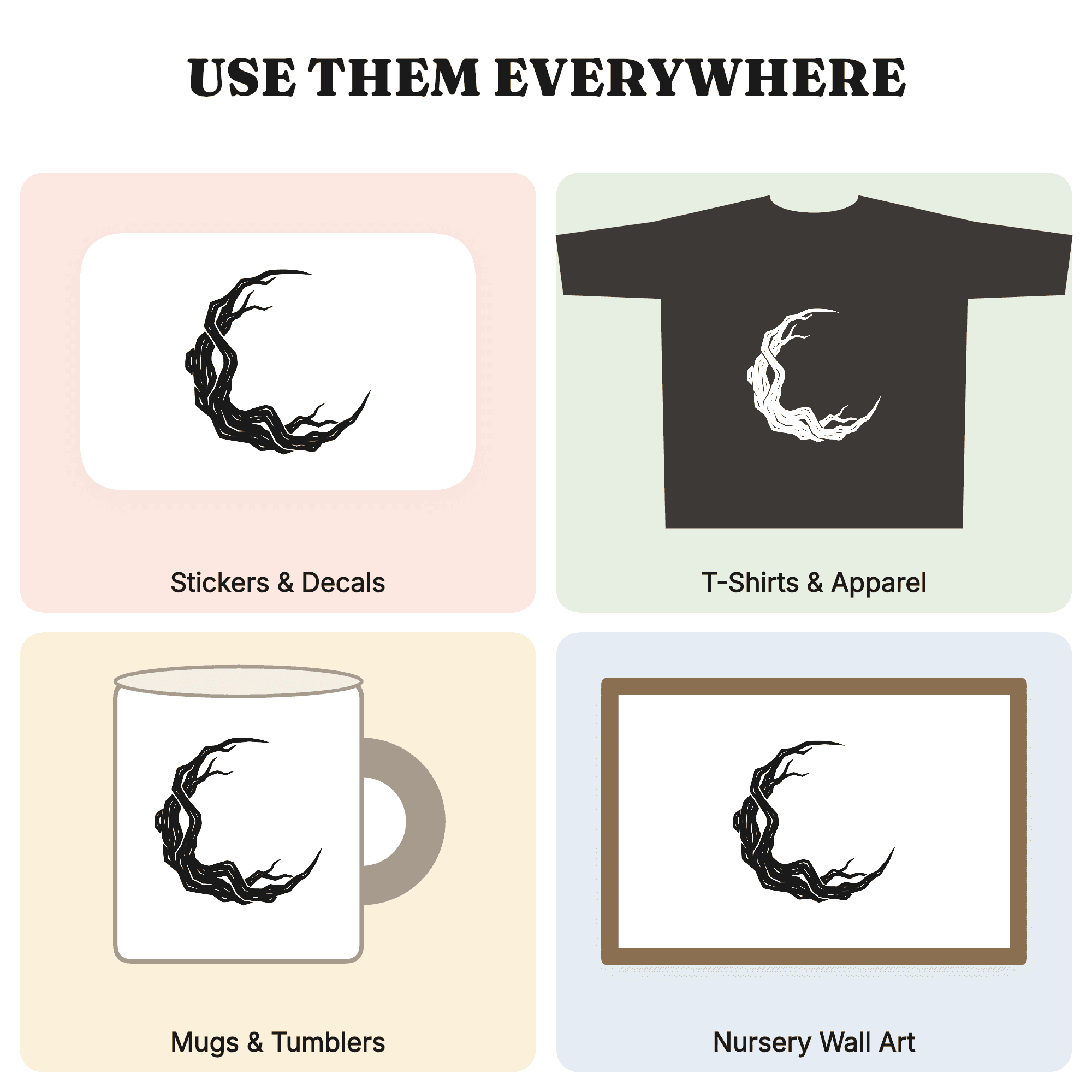 Crescent Moon Branch Silhouette SVG PNG, Halloween Tree Cut File for Vinyl Decals, view 3