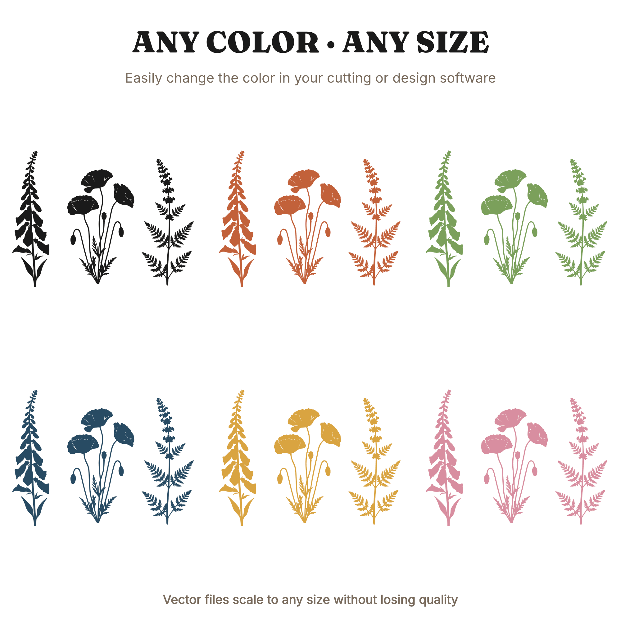 Mother's Day Wildflower Botanical SVG PNG, Pressed Flower Stems, Scandinavian Line Art Cut File, view 2