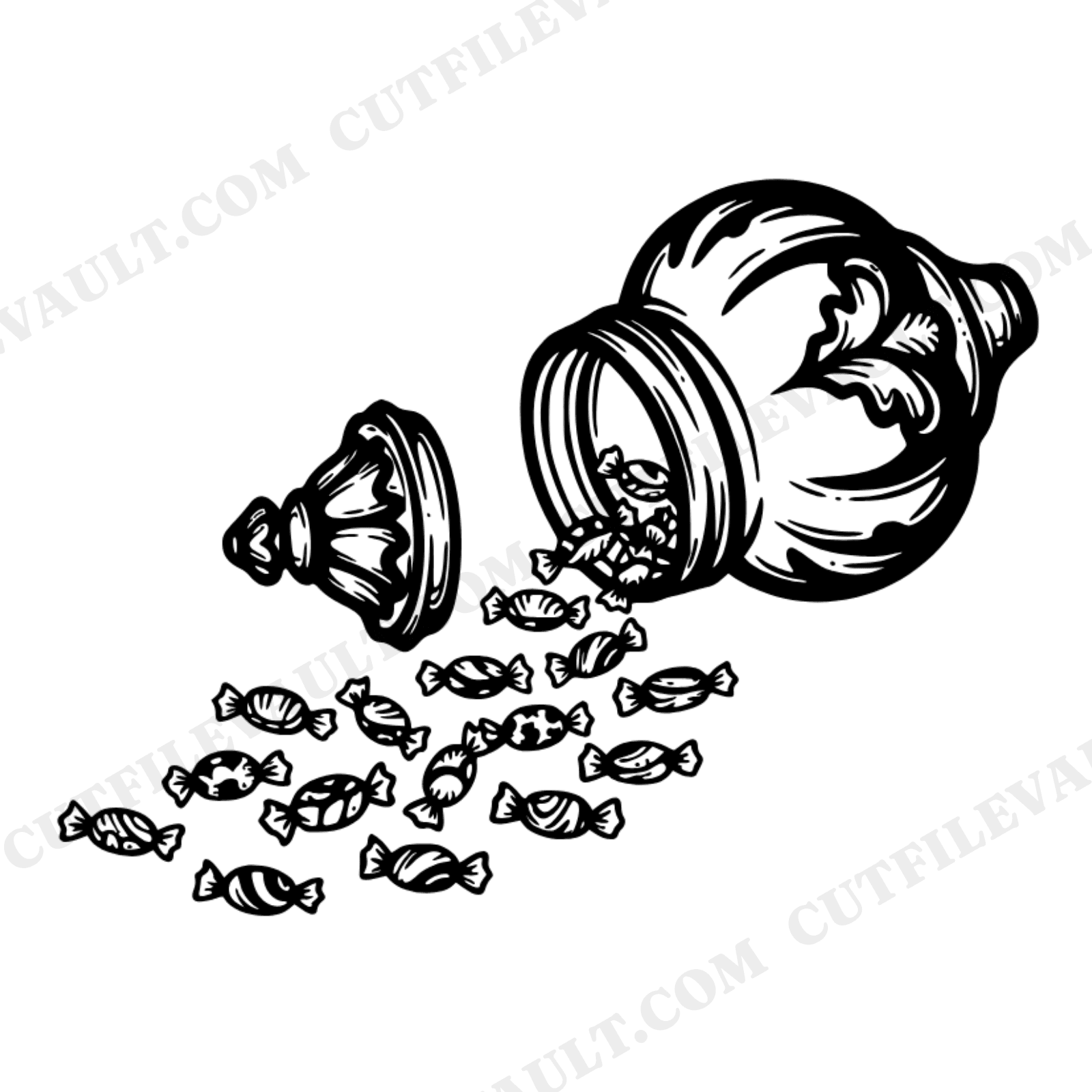 Vintage Apothecary Jar with Spilling Halloween Candies SVG PNG Cut File Hand Drawn Candy Jar, view 1