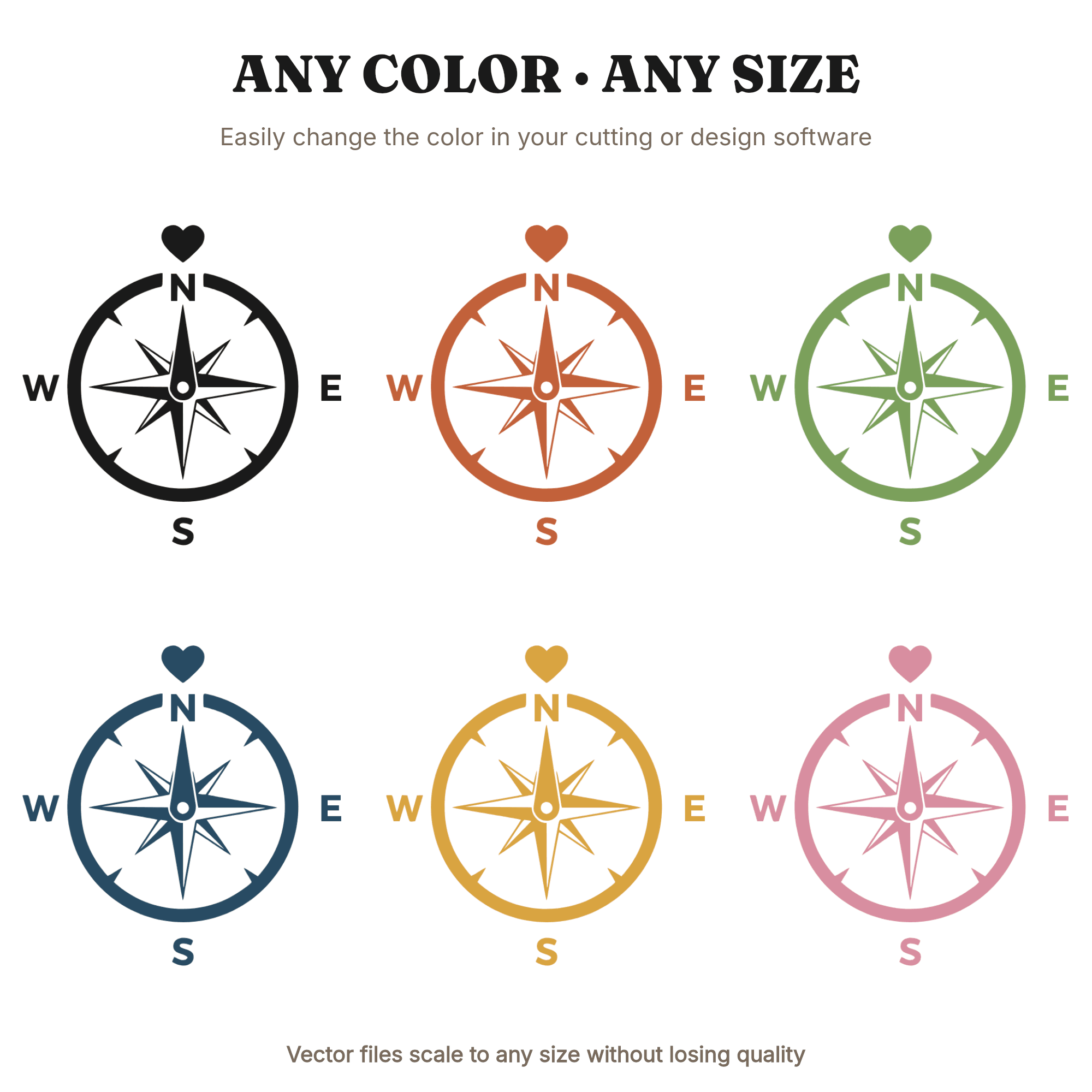 Vintage Compass Rose Heart SVG PNG, Adventure Romance Silhouette, Mid Century Valentine Cut File, view 2