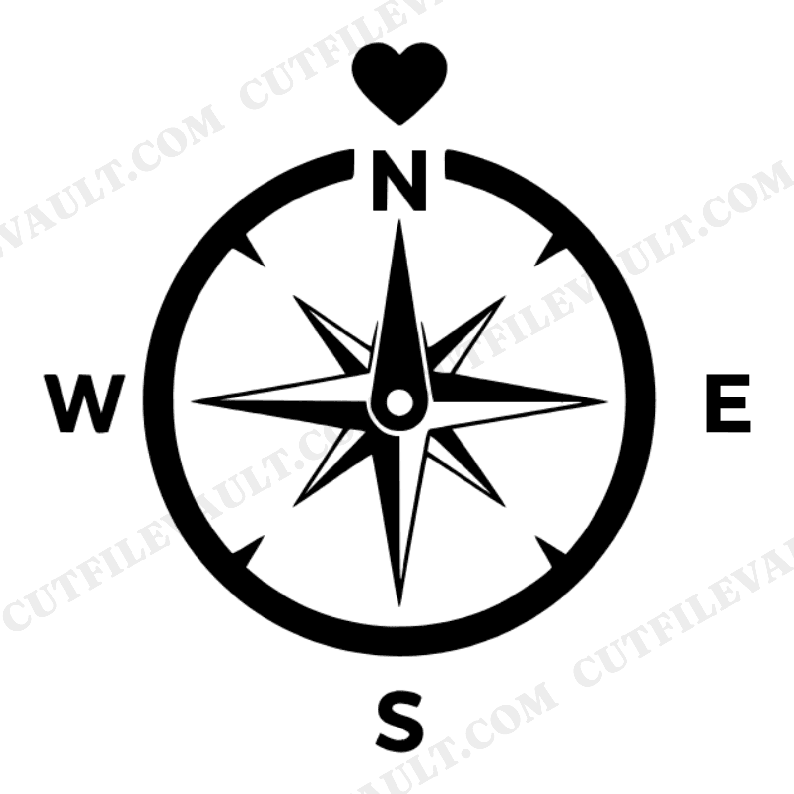 Vintage Compass Rose Heart SVG PNG, Adventure Romance Silhouette, Mid Century Valentine Cut File, view 1