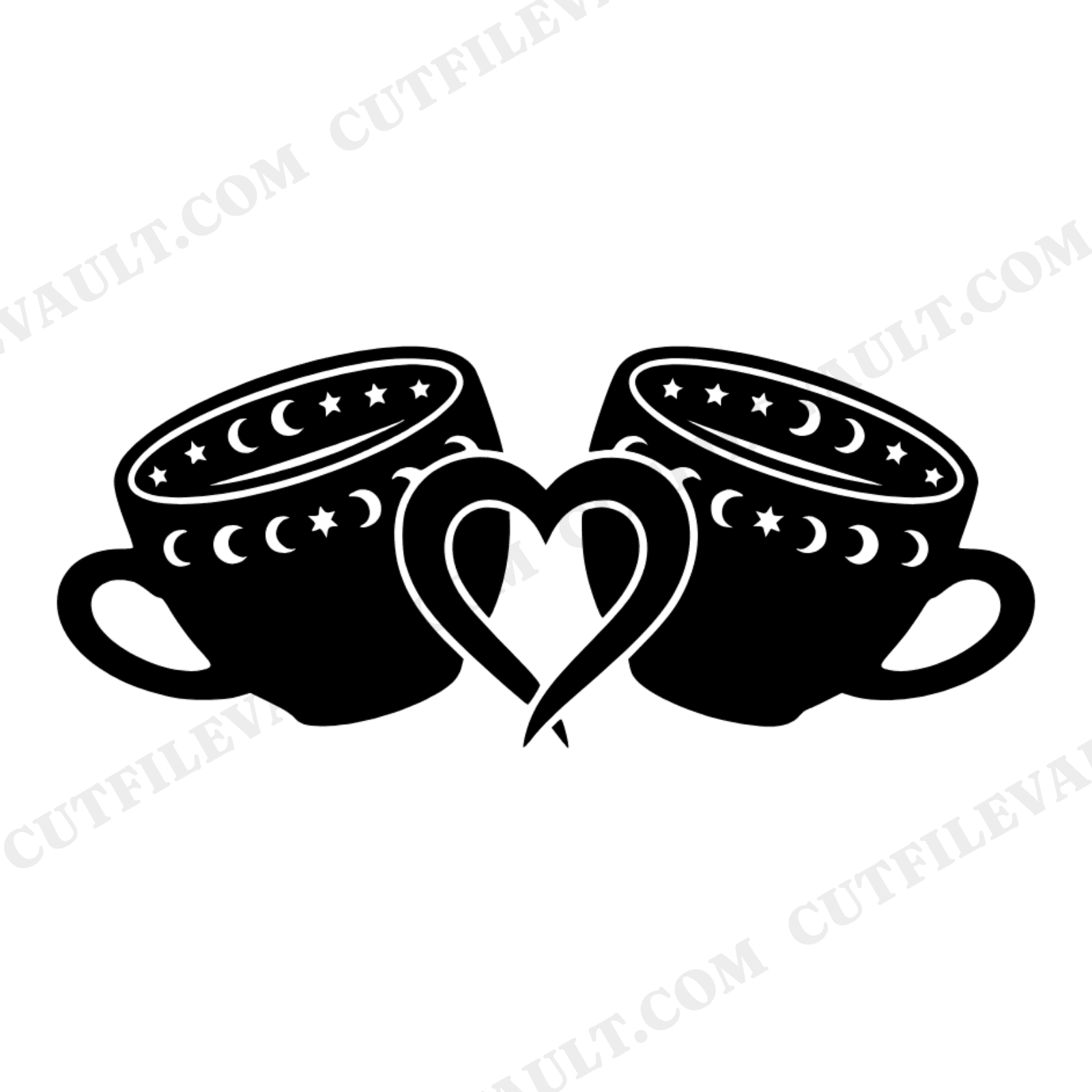 Celestial Coffee Cups Heart SVG PNG, Crescent Moon Star Interlocking Handles Valentine's Day Cut File, view 1