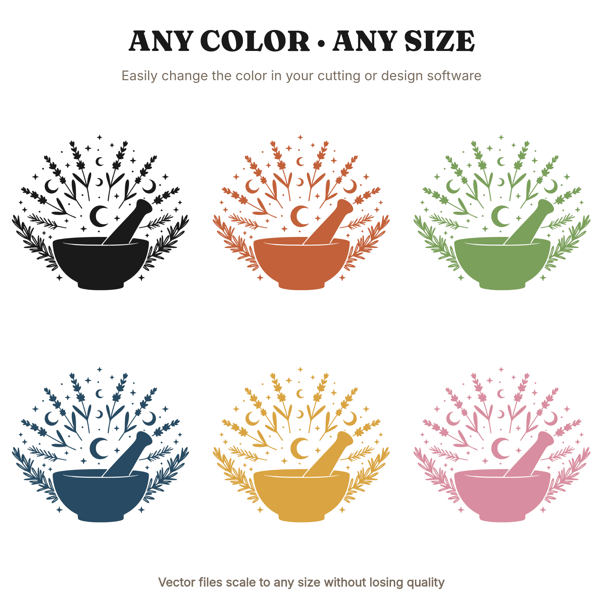 Celestial Apothecary Mortar and Pestle SVG PNG, Botanical Wreath with Moon Phases and Stars, view 2
