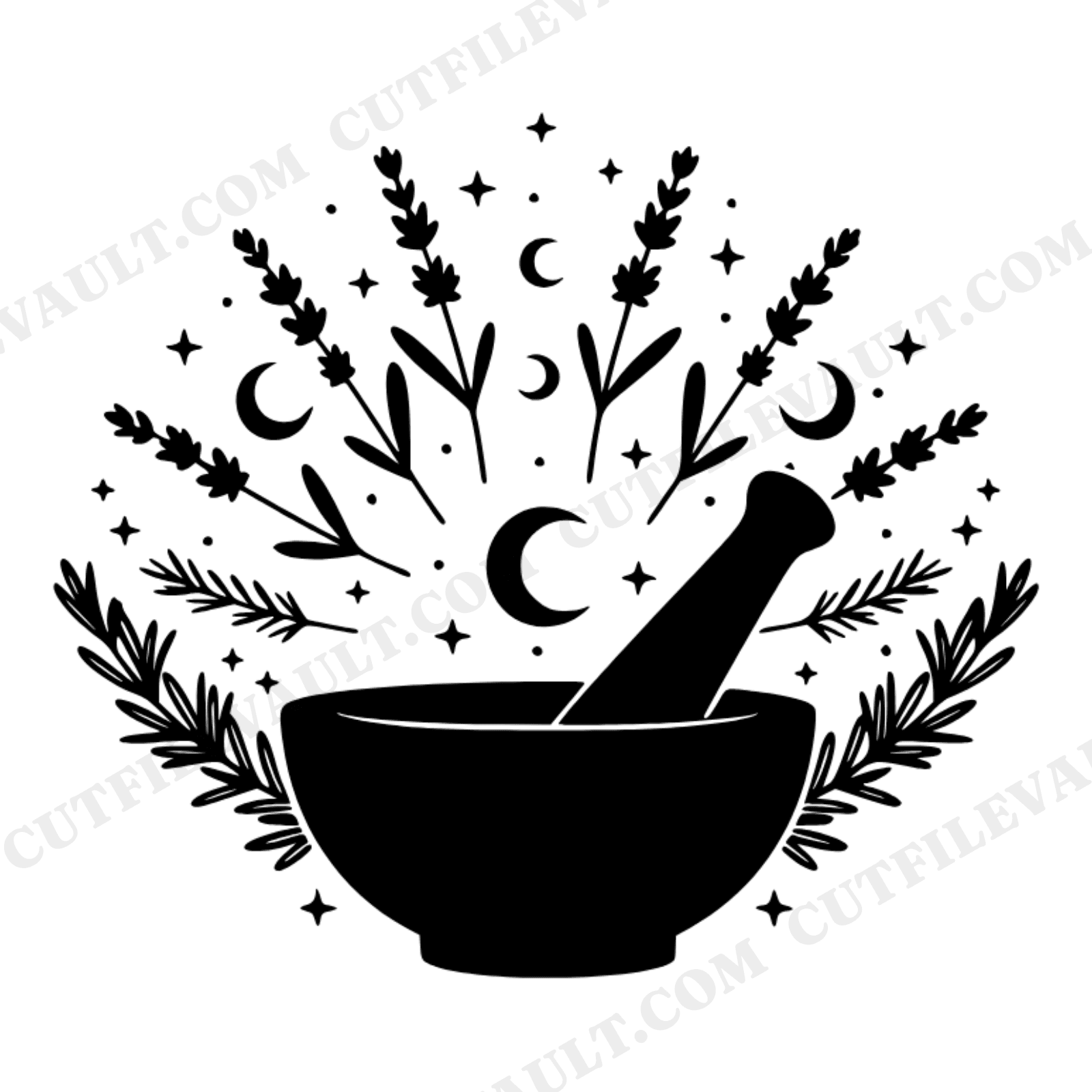 Celestial Apothecary Mortar and Pestle SVG PNG, Botanical Wreath with Moon Phases and Stars, view 1