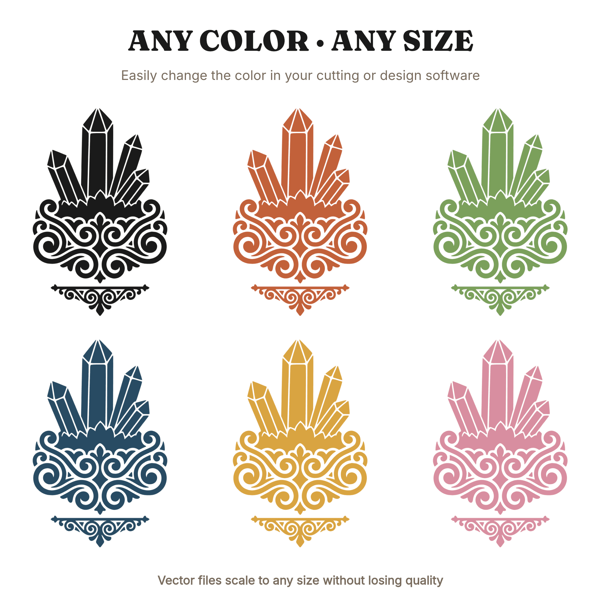 Retro Crystal Cluster SVG with Scrollwork Base, 70s Bohemian Gemstone PNG, Spiritual Mom Gift, view 2