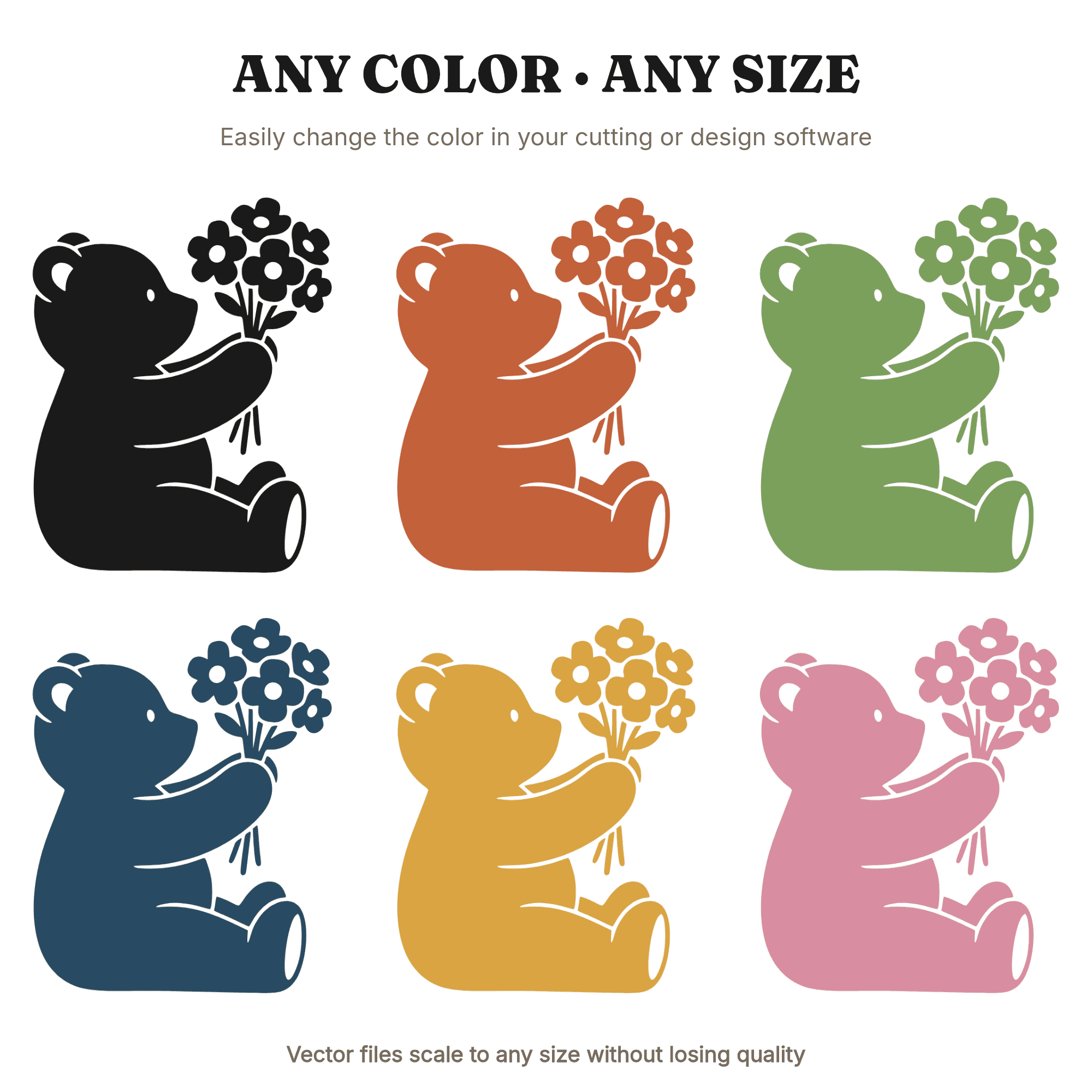 Mother's Day Teddy Bear SVG PNG, Bear with Bouquet Cut File, Nursery Wall Art Line Drawing, view 2
