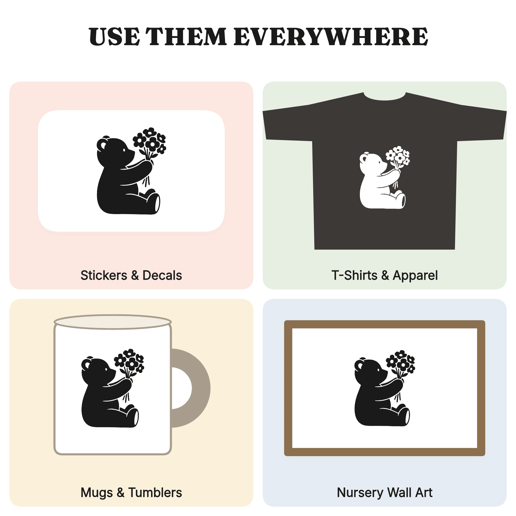 Mother's Day Teddy Bear SVG PNG, Bear with Bouquet Cut File, Nursery Wall Art Line Drawing, view 3