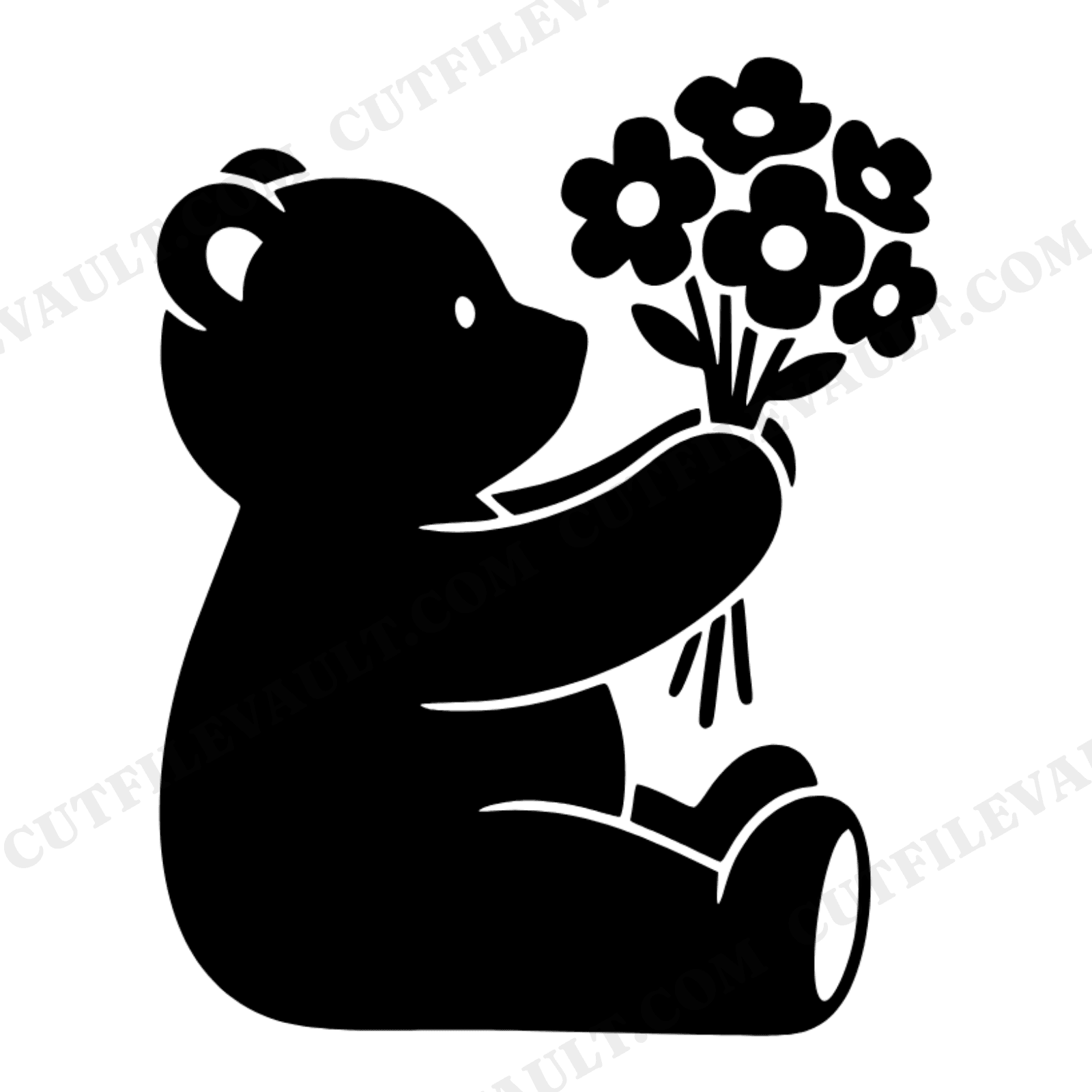 Mother's Day Teddy Bear SVG PNG, Bear with Bouquet Cut File, Nursery Wall Art Line Drawing, view 1