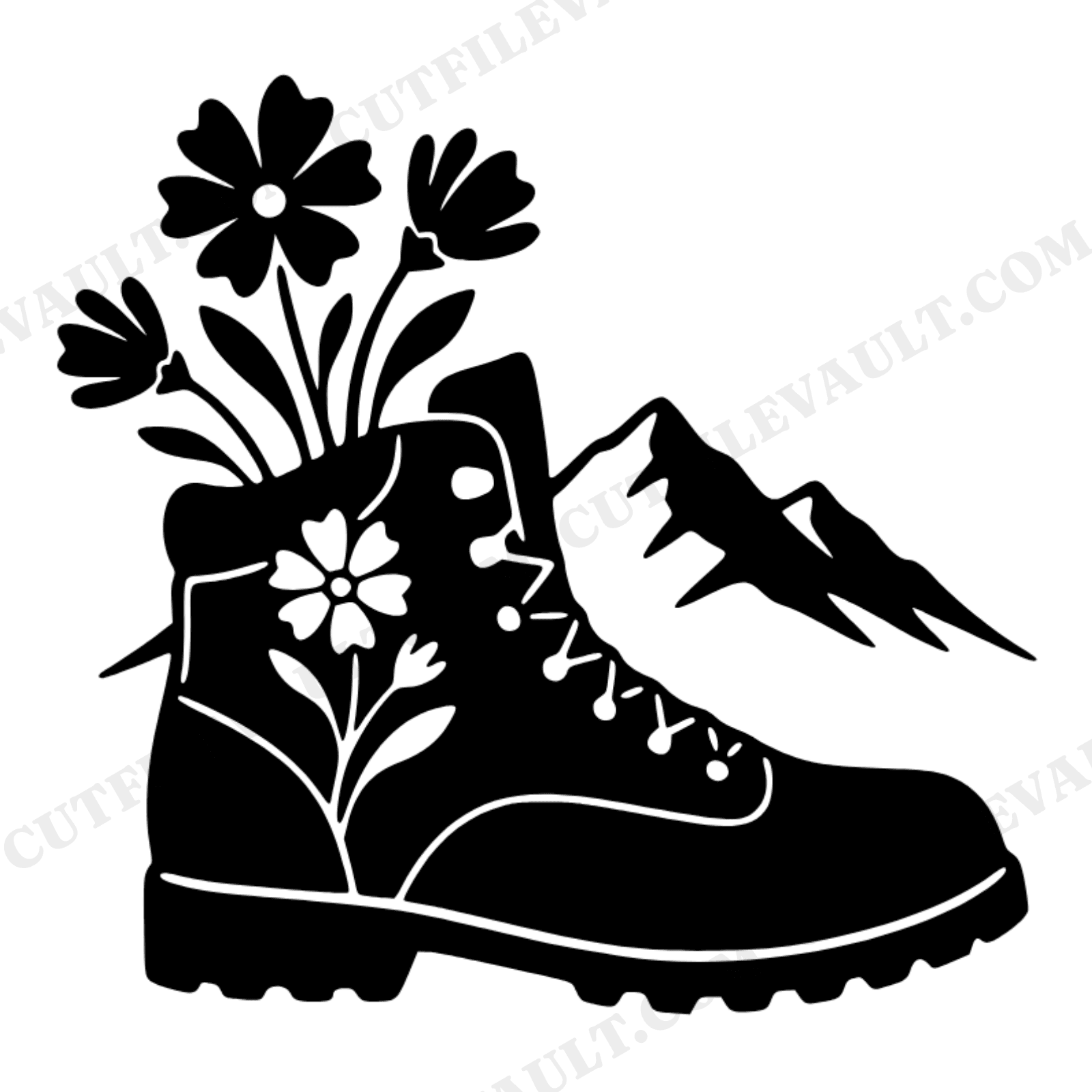 Trail Loving Mom Hiking Boot Wildflower SVG PNG, Mountain Adventure Silhouette Cut File, view 1