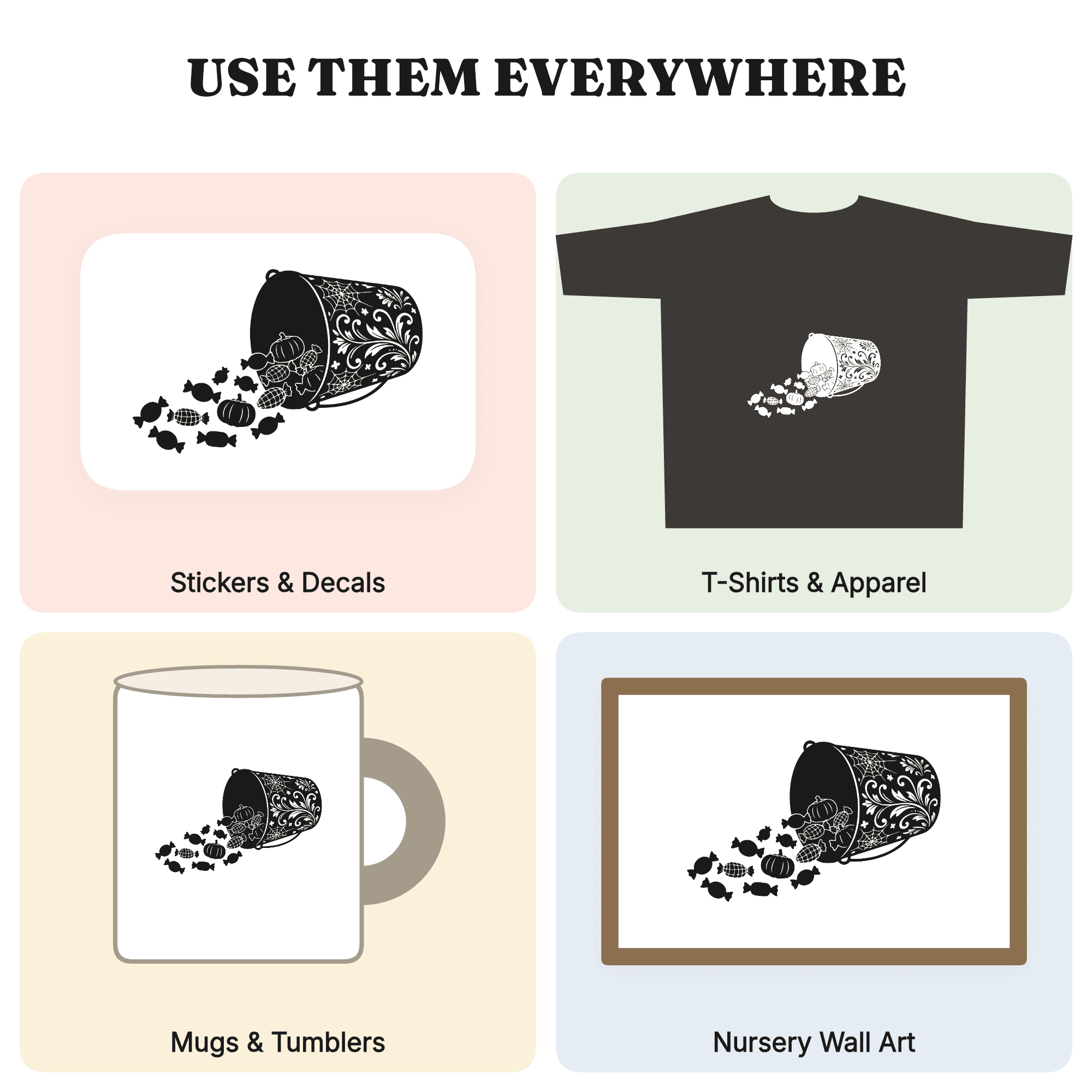 Vintage Harvest Bucket SVG PNG, Spilling Candy Halloween Cut File, Trick or Treat Decor, view 3