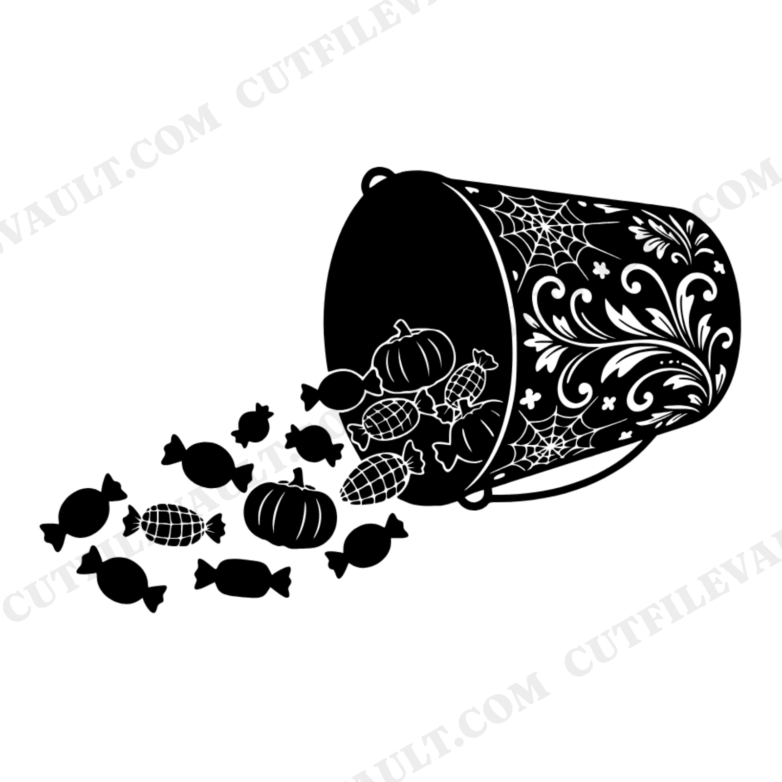 Vintage Harvest Bucket SVG PNG, Spilling Candy Halloween Cut File, Trick or Treat Decor, view 1