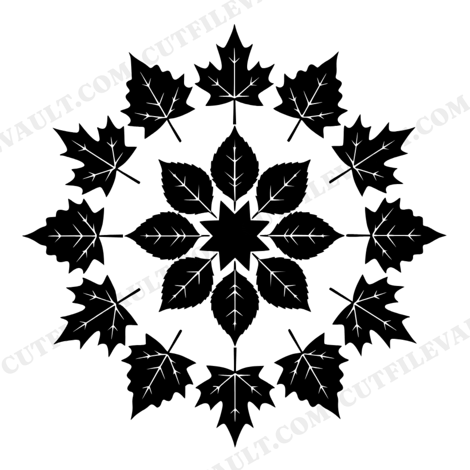 Autumn Leaf Mandala SVG PNG, Twelve Point Star Fall Leaves Cut File, Art Deco Geometric Design, view 1