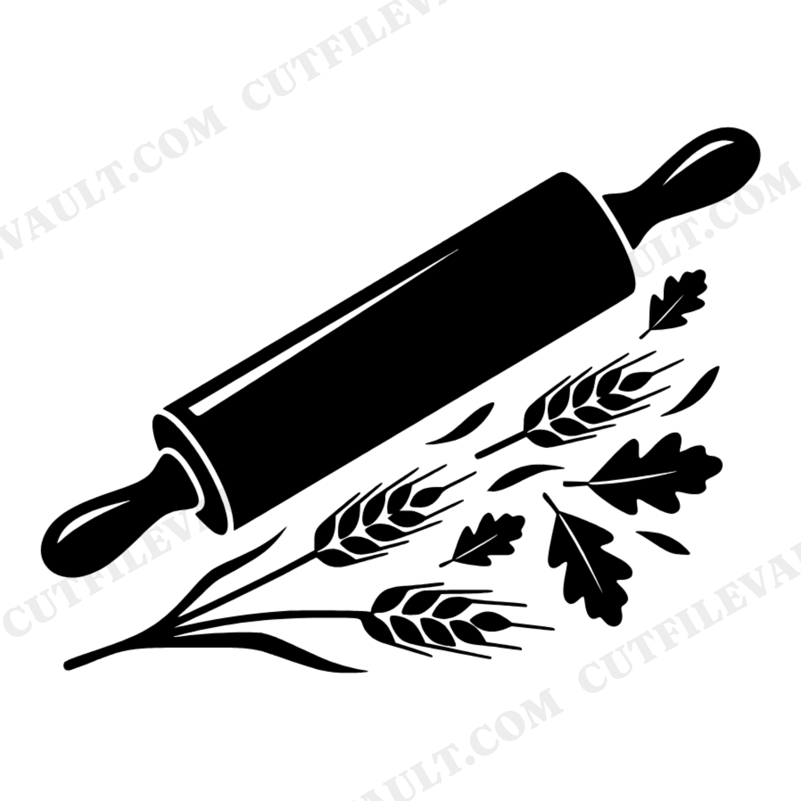 Harvest Rolling Pin SVG PNG, Art Deco Wheat Oak Leaves Cut File, Thanksgiving Baking Kitchen Decor, view 1
