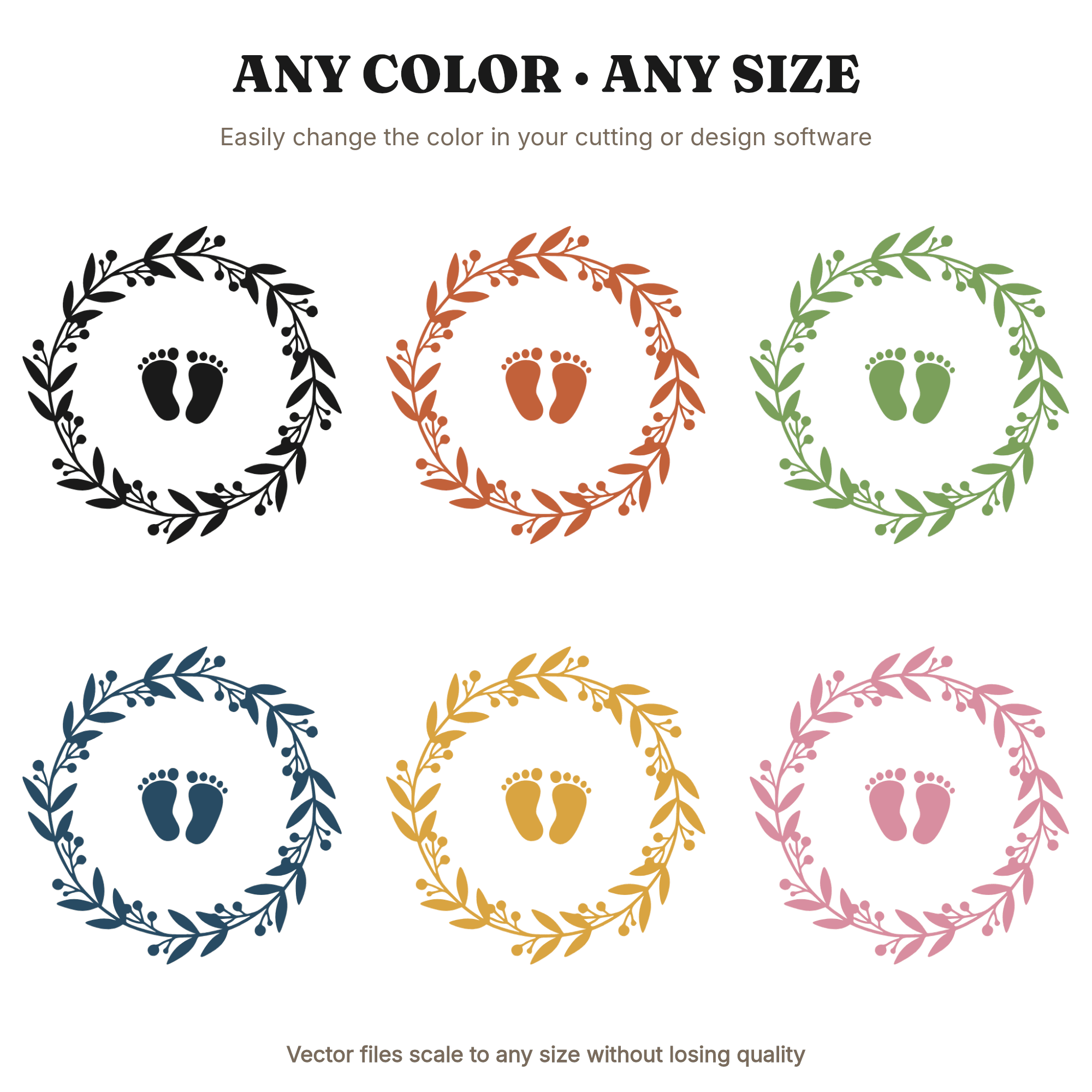 Baby Footprints Botanical Wreath SVG PNG New Year Birth Announcement Nursery Wall Art Cut File, view 2